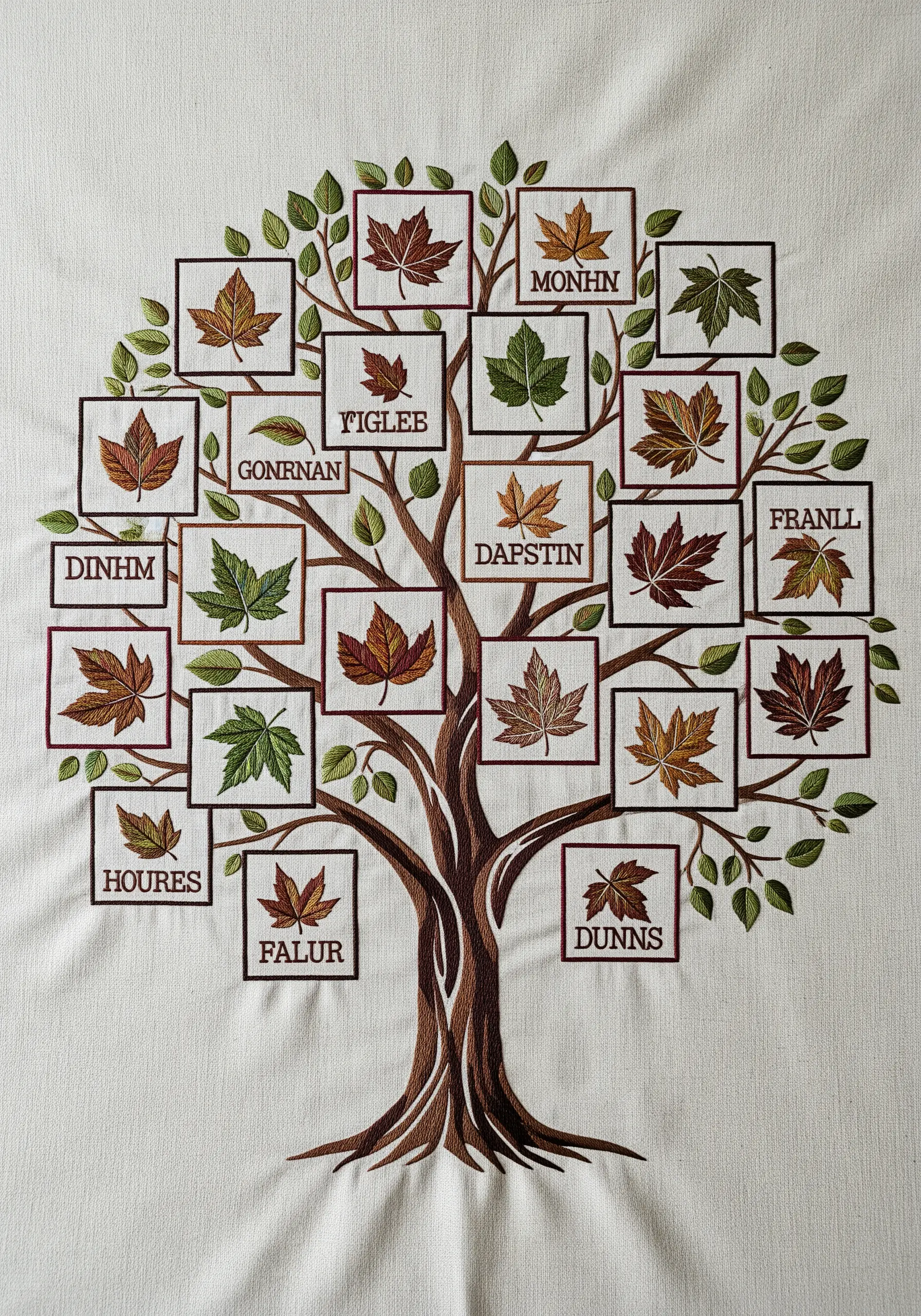 An embroidered family tree where each framed name is paired with a specific leaf shape