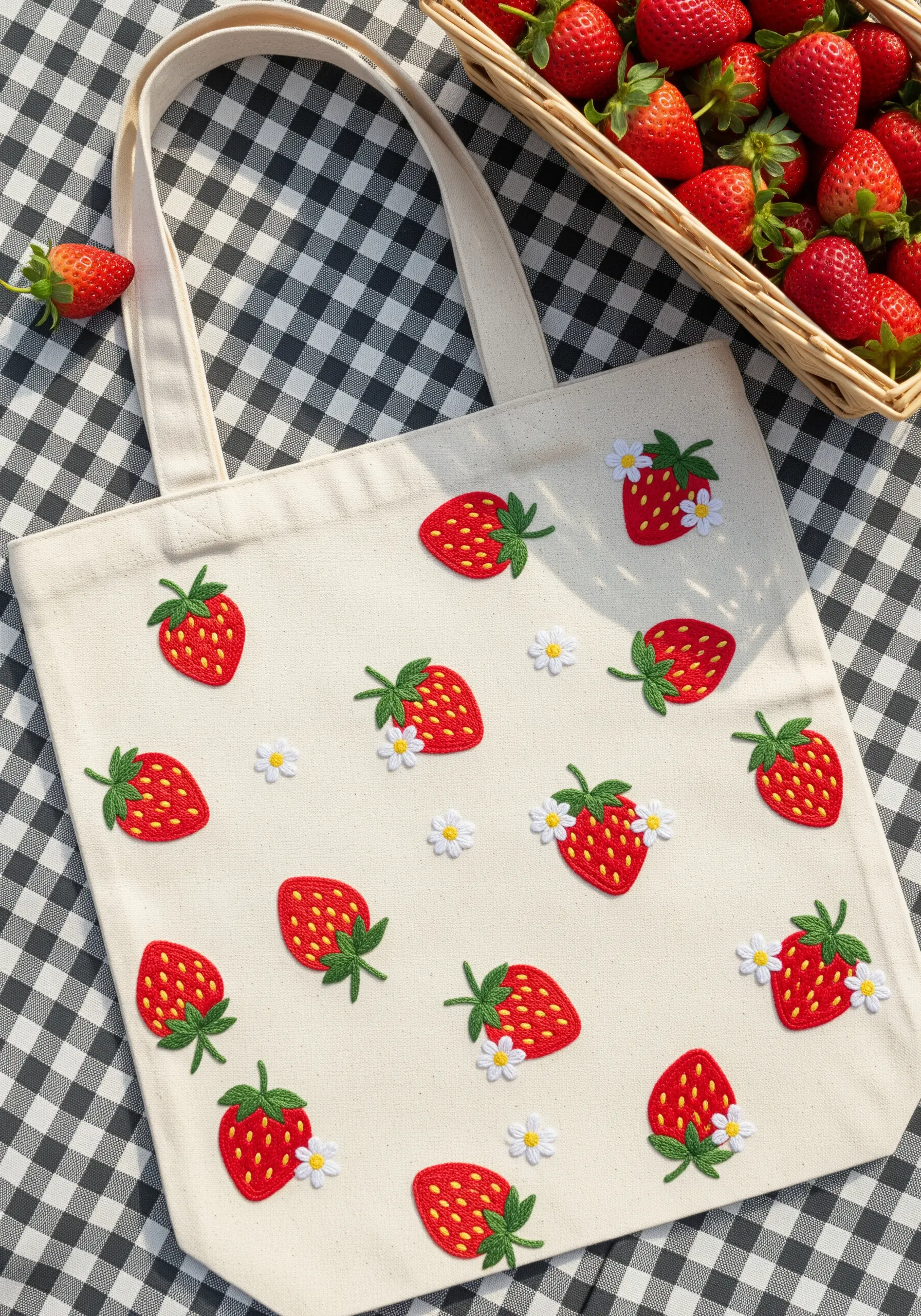 A scattered pattern of embroidered strawberries and daisies on a canvas tote