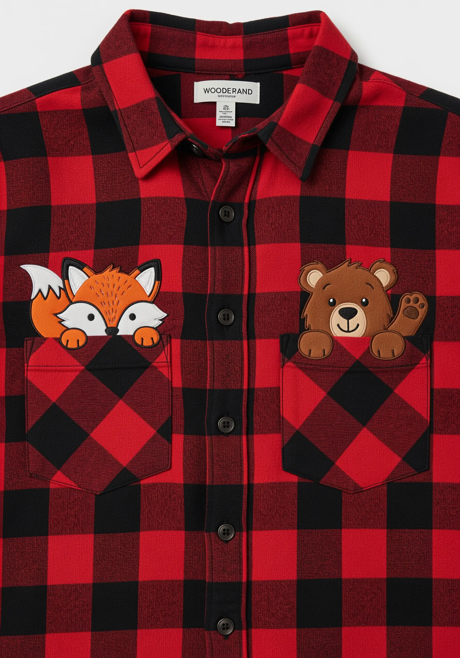 A cartoon fox and bear peeking out from the pockets of a red and black buffalo check shirt