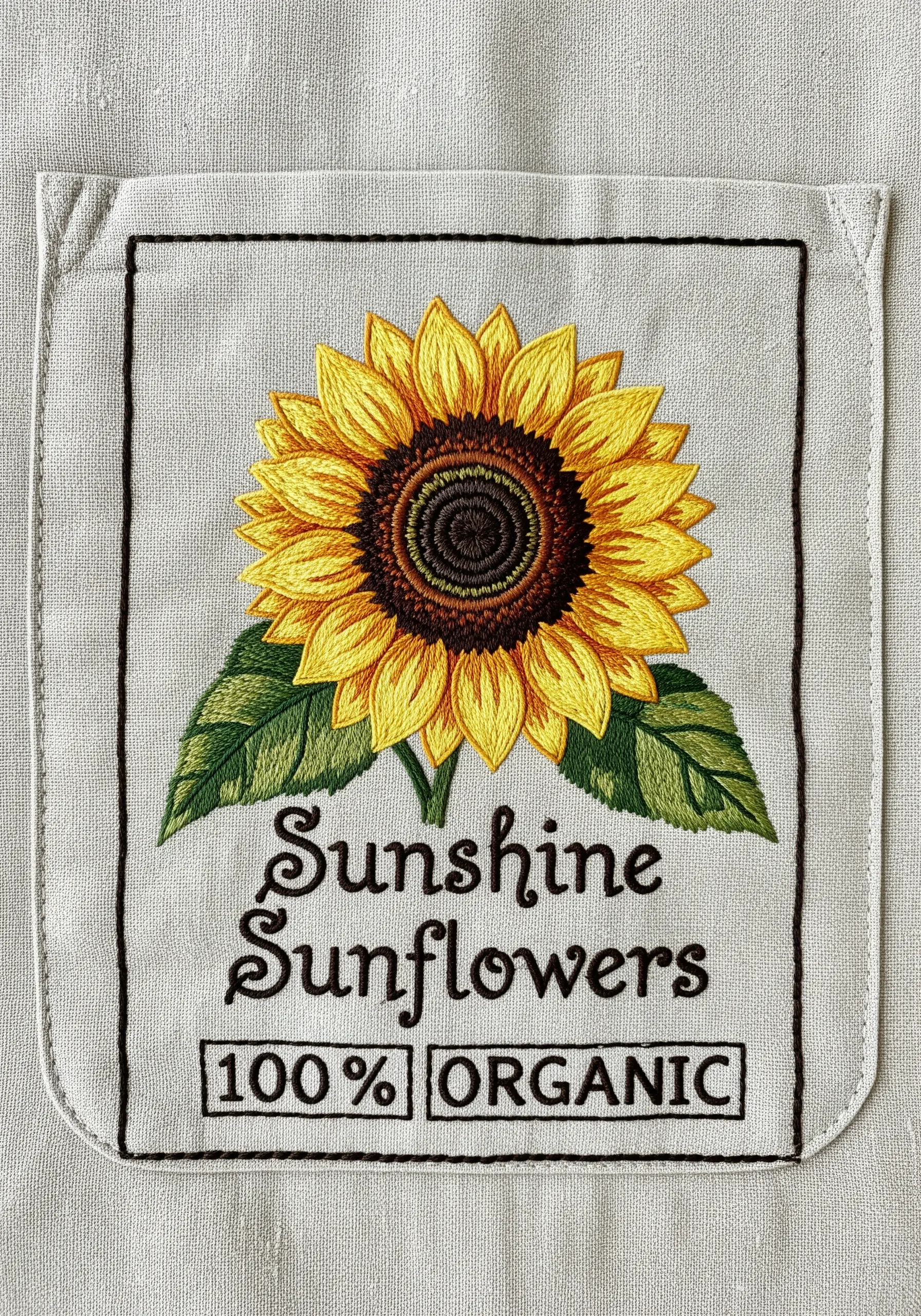 An apron pocket embroidered with a sunflower and text reading 'Sunshine Sunflowers 100% Organic'