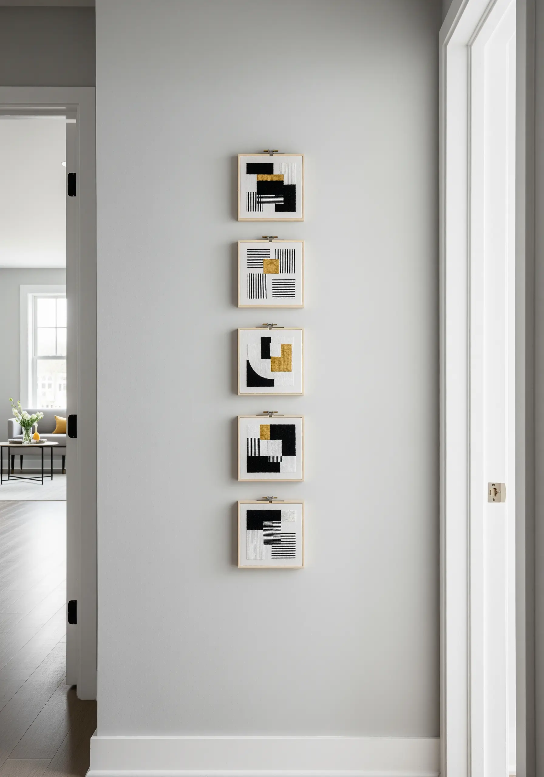 A vertical series of five small framed abstract embroideries in black, white, and gold.