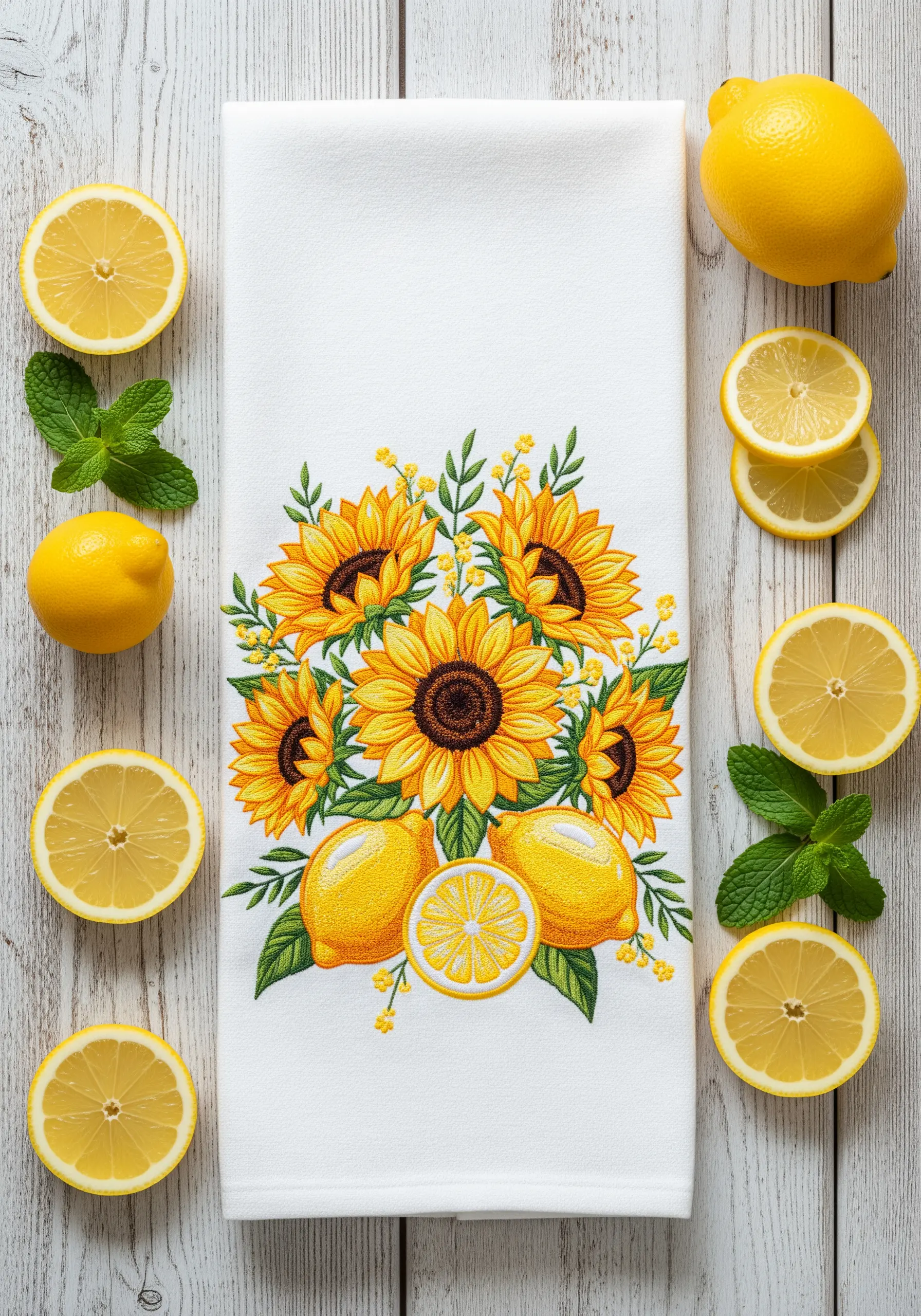An embroidered bouquet of sunflowers and lemons on a white kitchen towel