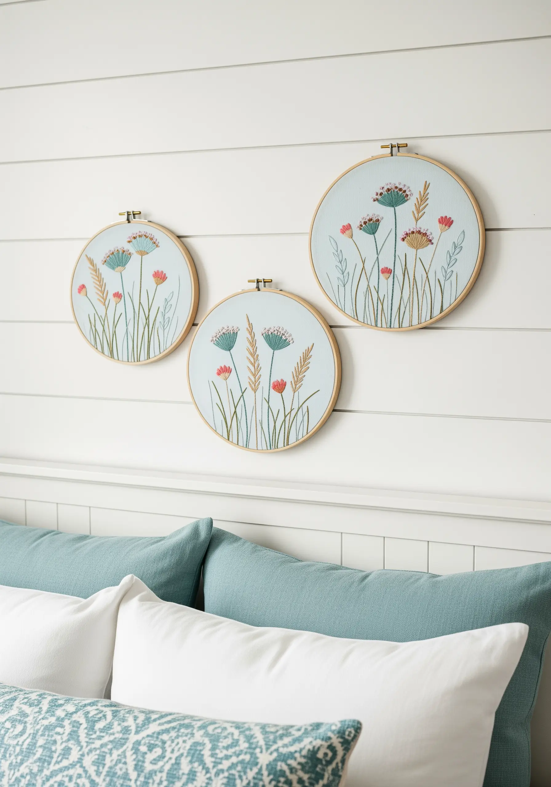 Three embroidery hoops with delicate, airy wildflower designs on a light blue background