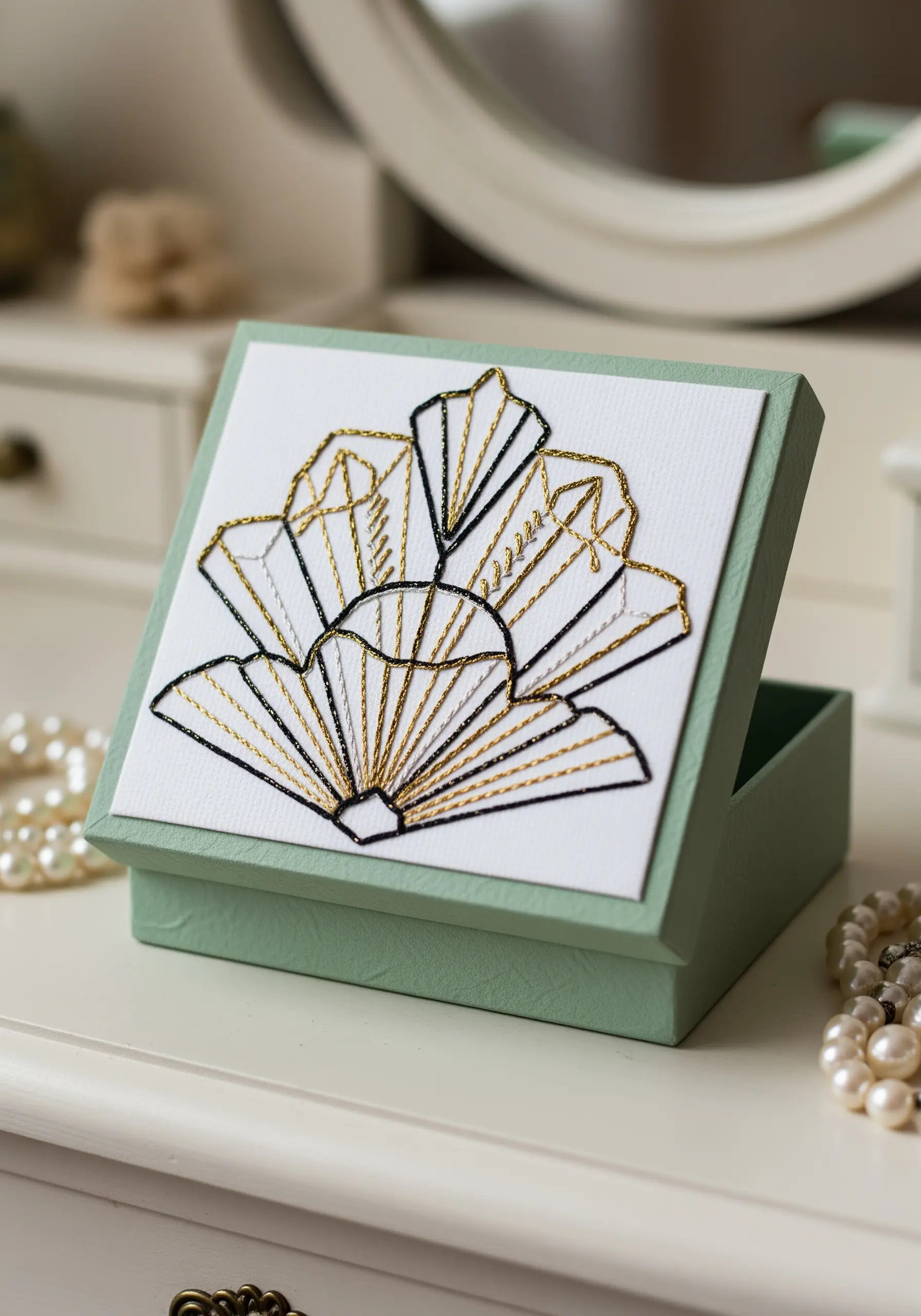 A sage green box with a lid featuring an embroidered Art Deco fan design in gold and black thread.