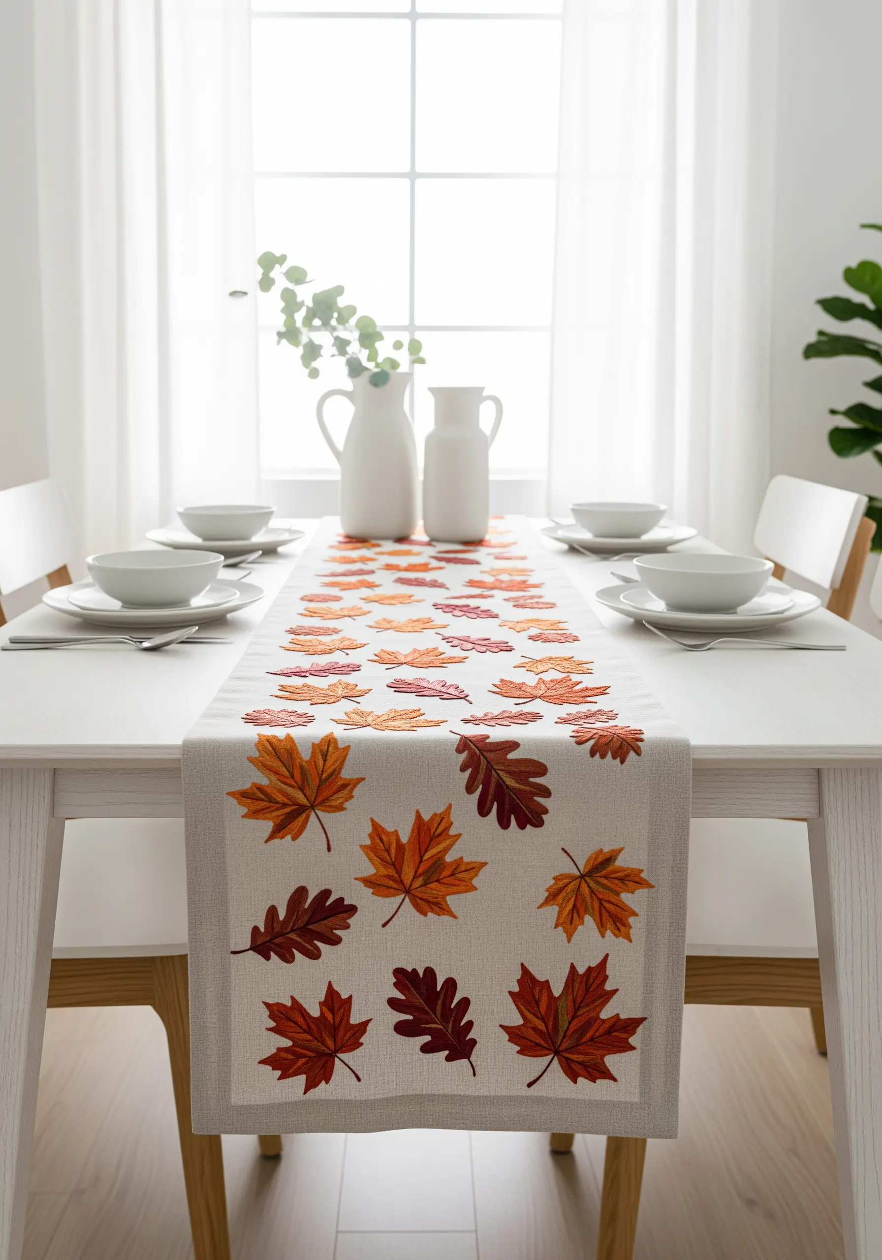 Autumnal table runner with scattered maple and oak leaf embroidery