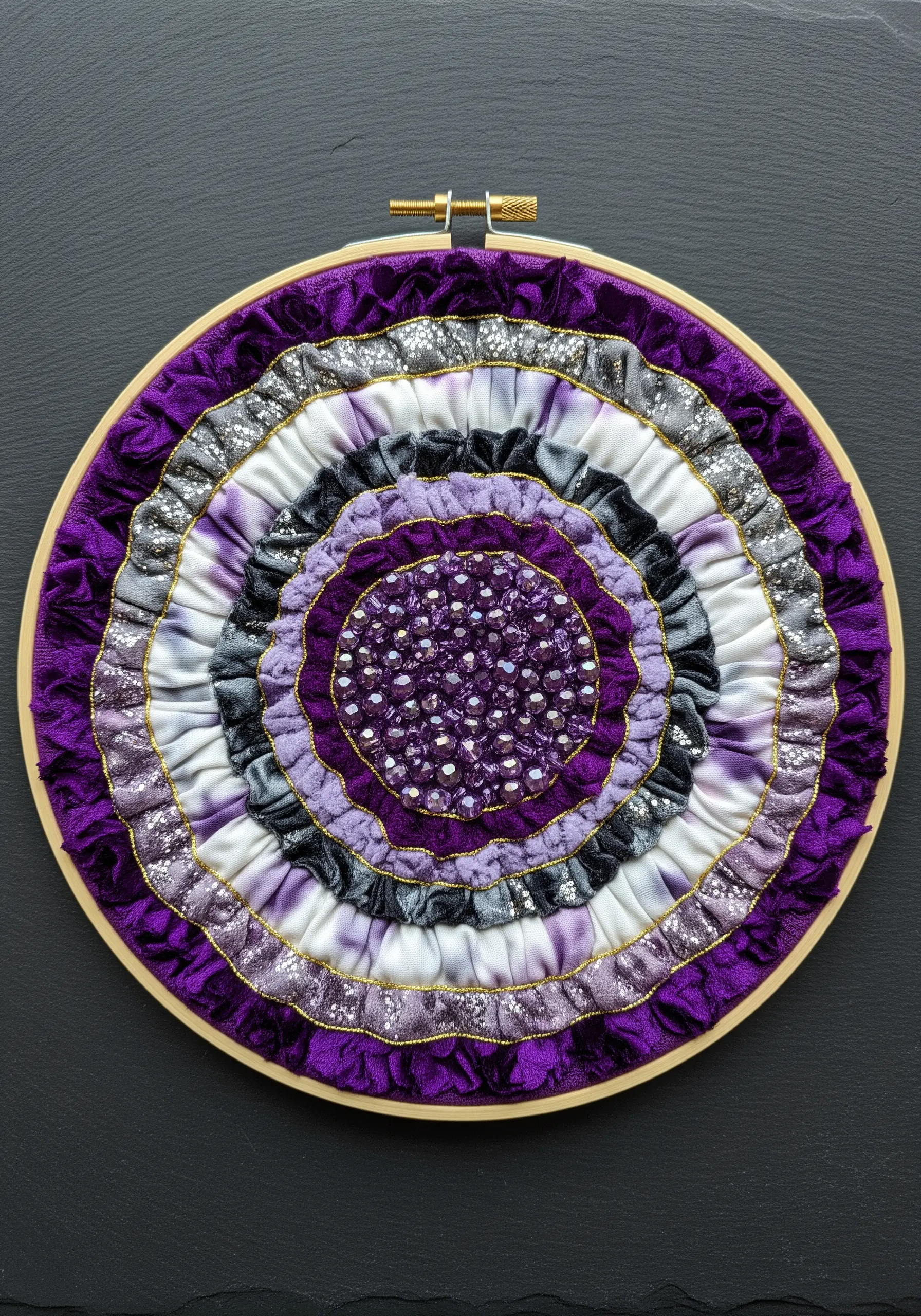 Circular hoop art with concentric rings of gathered purple, silver, and black fabric.