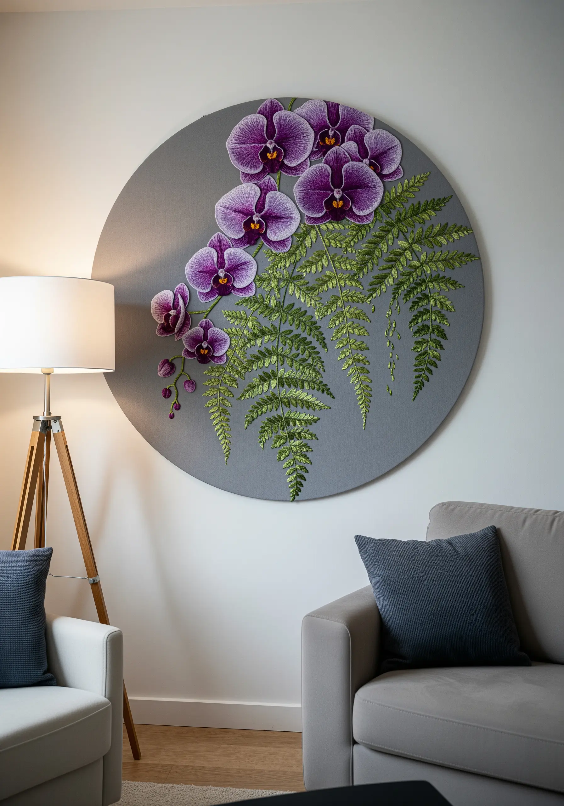 Large circular wall art featuring embroidered purple orchids and delicate green ferns on gray canvas.