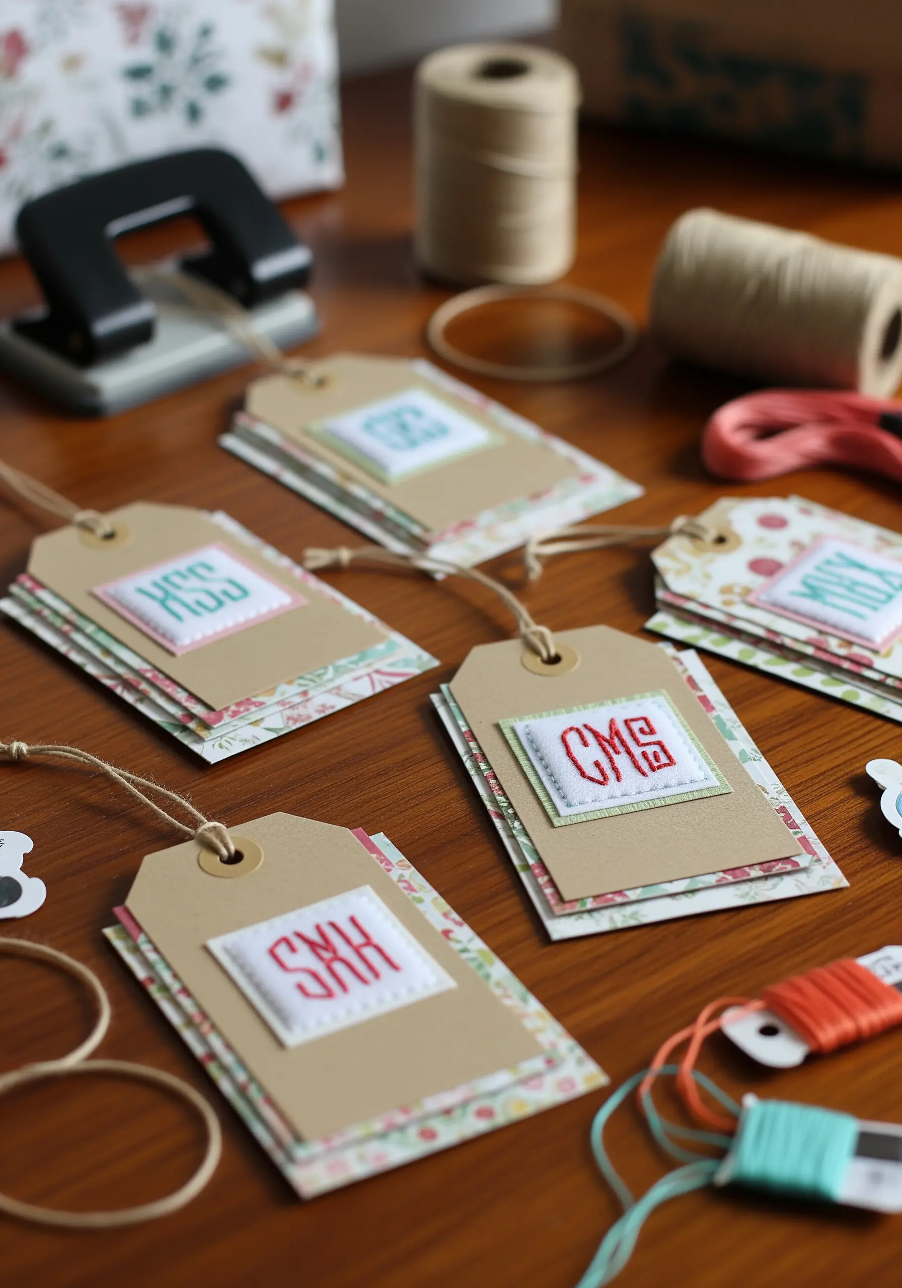 Handmade gift tags with embroidered monograms layered over colored and patterned cardstock.