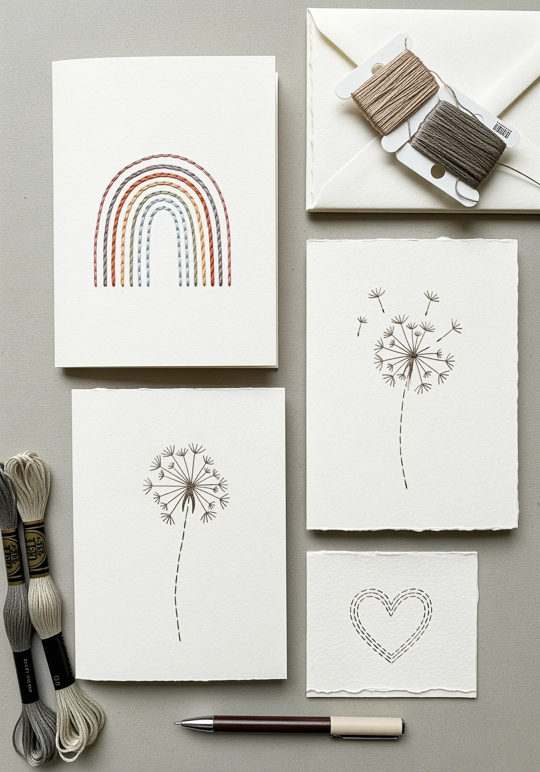Four hand-stitched greeting cards with minimalist designs: a rainbow, dandelions, and a heart.