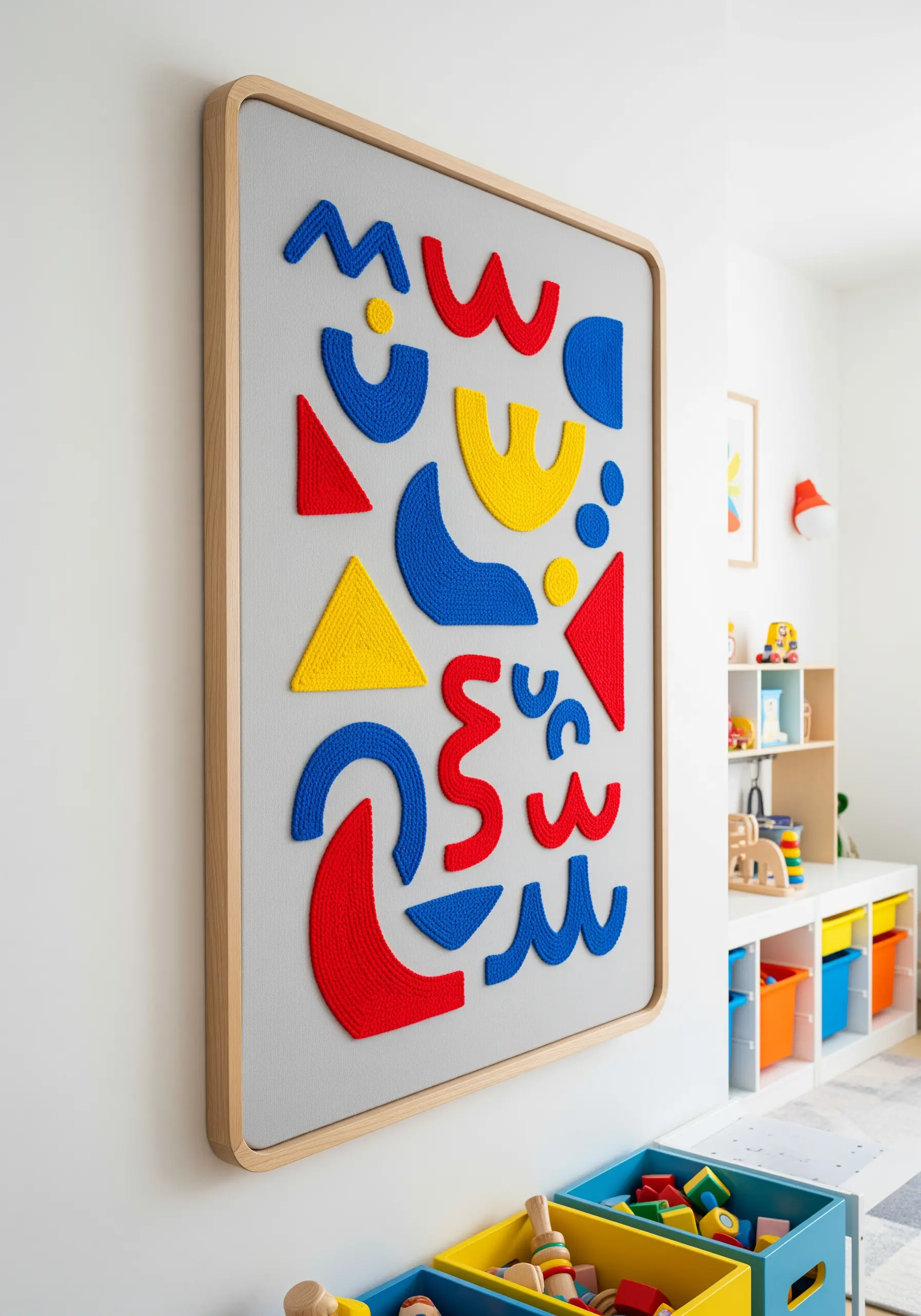 A framed piece of fiber art with colorful, 3D abstract shapes for a playroom.