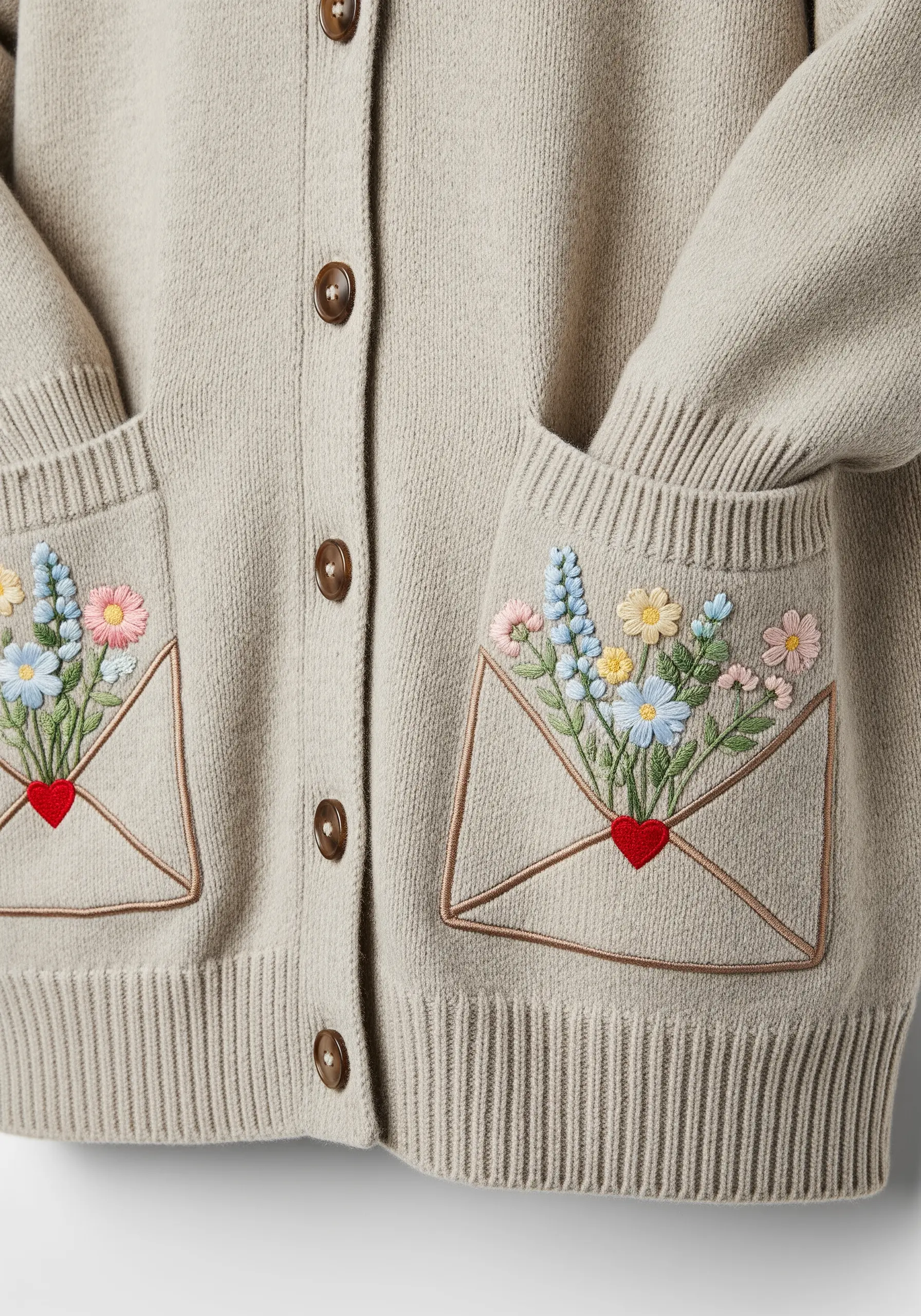 Cardigan pockets embroidered to look like envelopes, with colorful flowers bursting out.