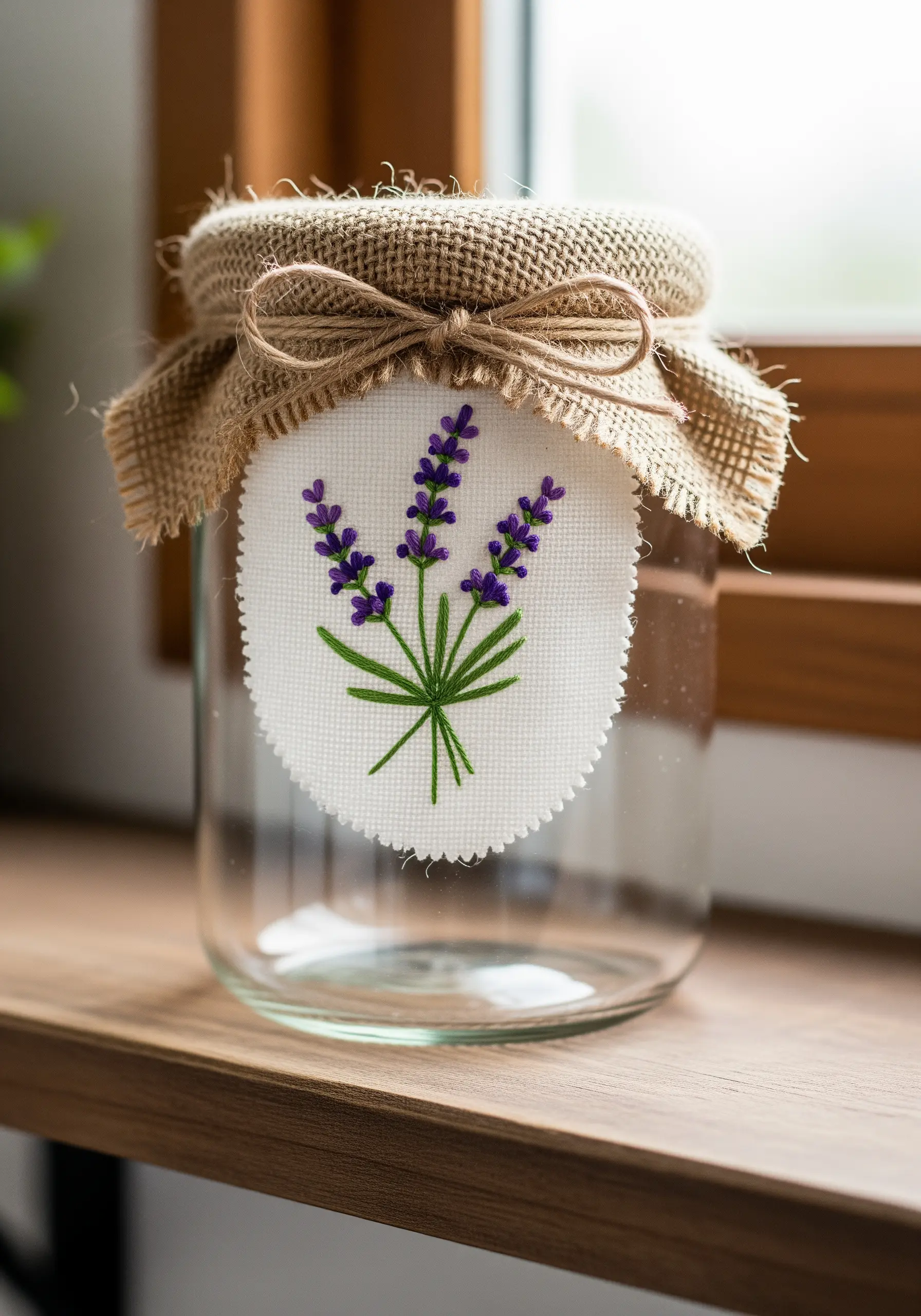 Hand-embroidered lavender patch tied with burlap onto a glass jar.