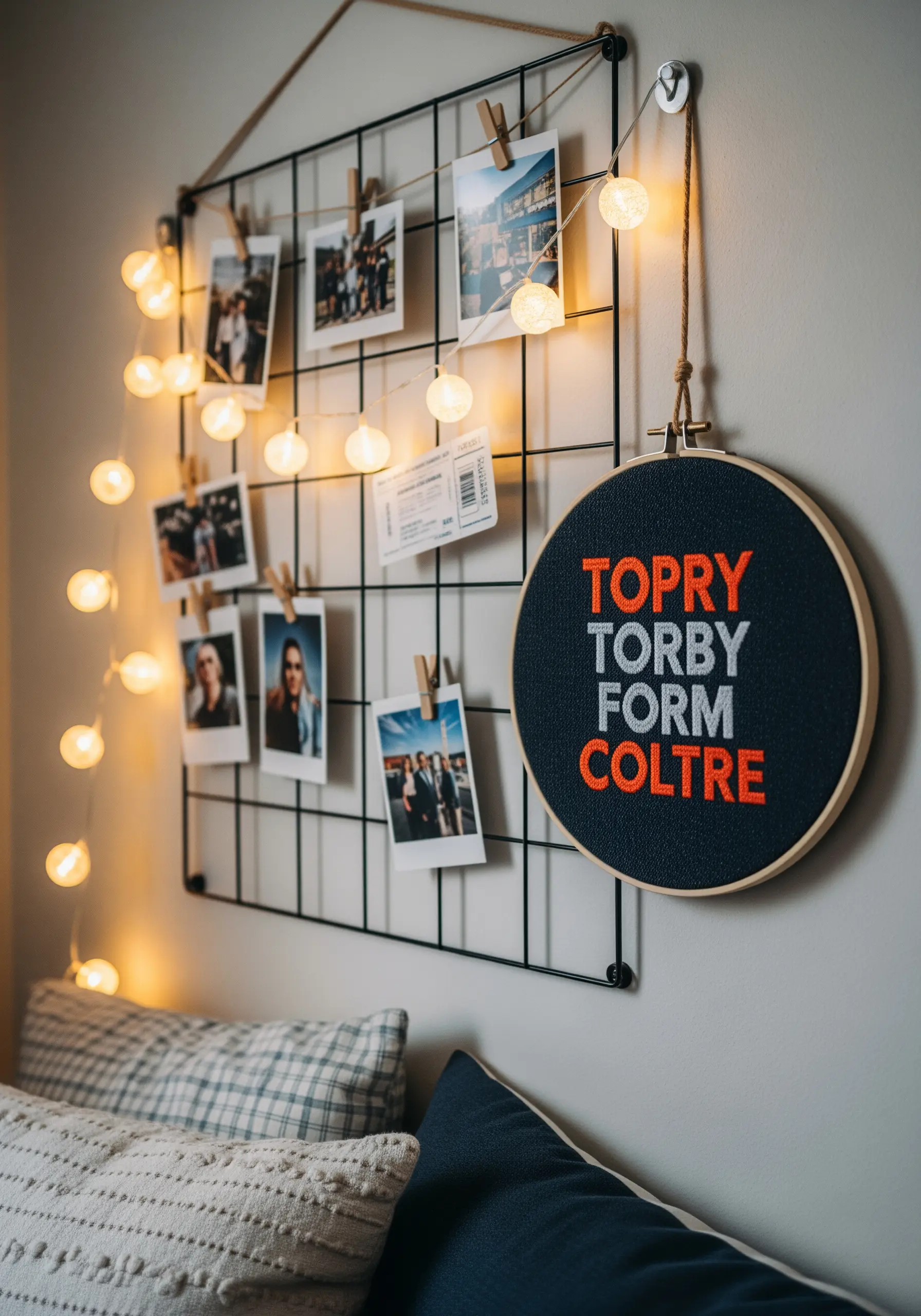 A modern, graphic quote stitched in bright colors on dark fabric, hanging on a photo grid.