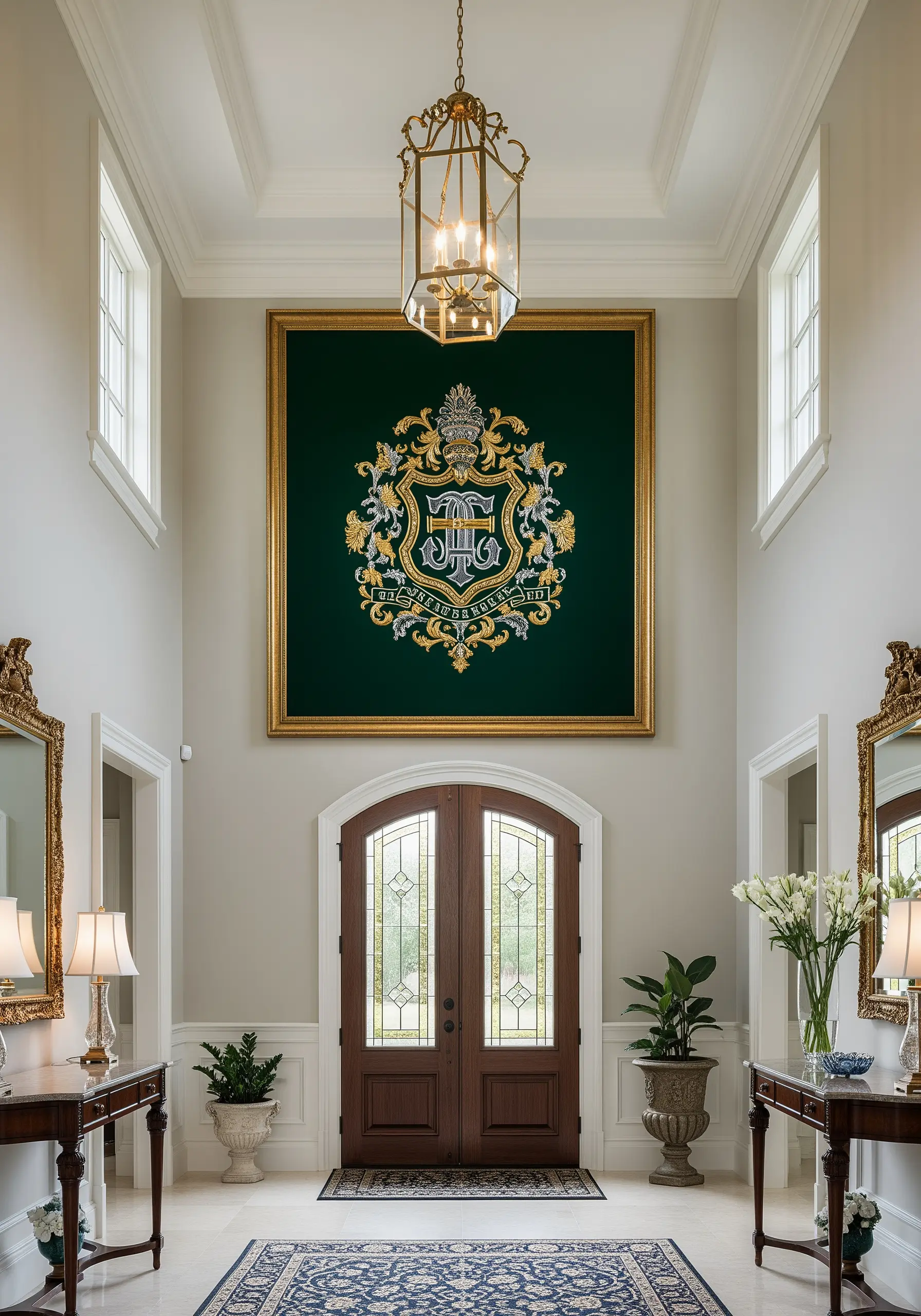 A massive, ornately embroidered family crest in gold and silver on a green banner in a foyer.