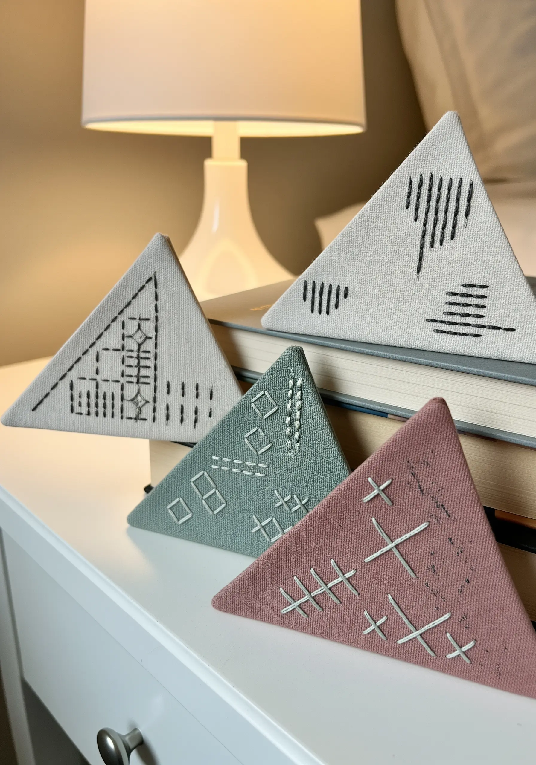 Four triangular corner bookmarks with minimalist, abstract patterns stitched in contrasting thread.