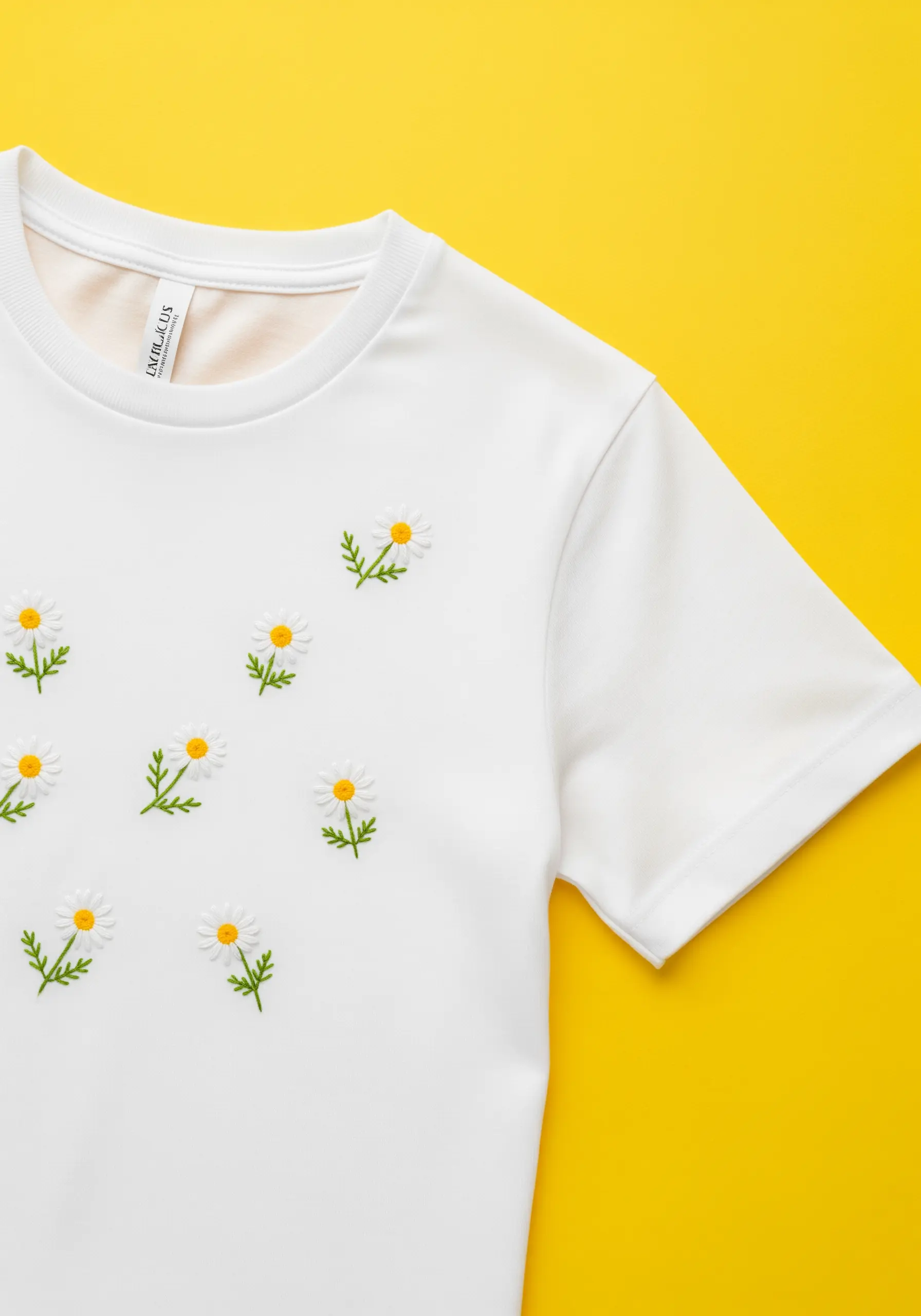 Small embroidered daisies scattered across the front of a white t-shirt.