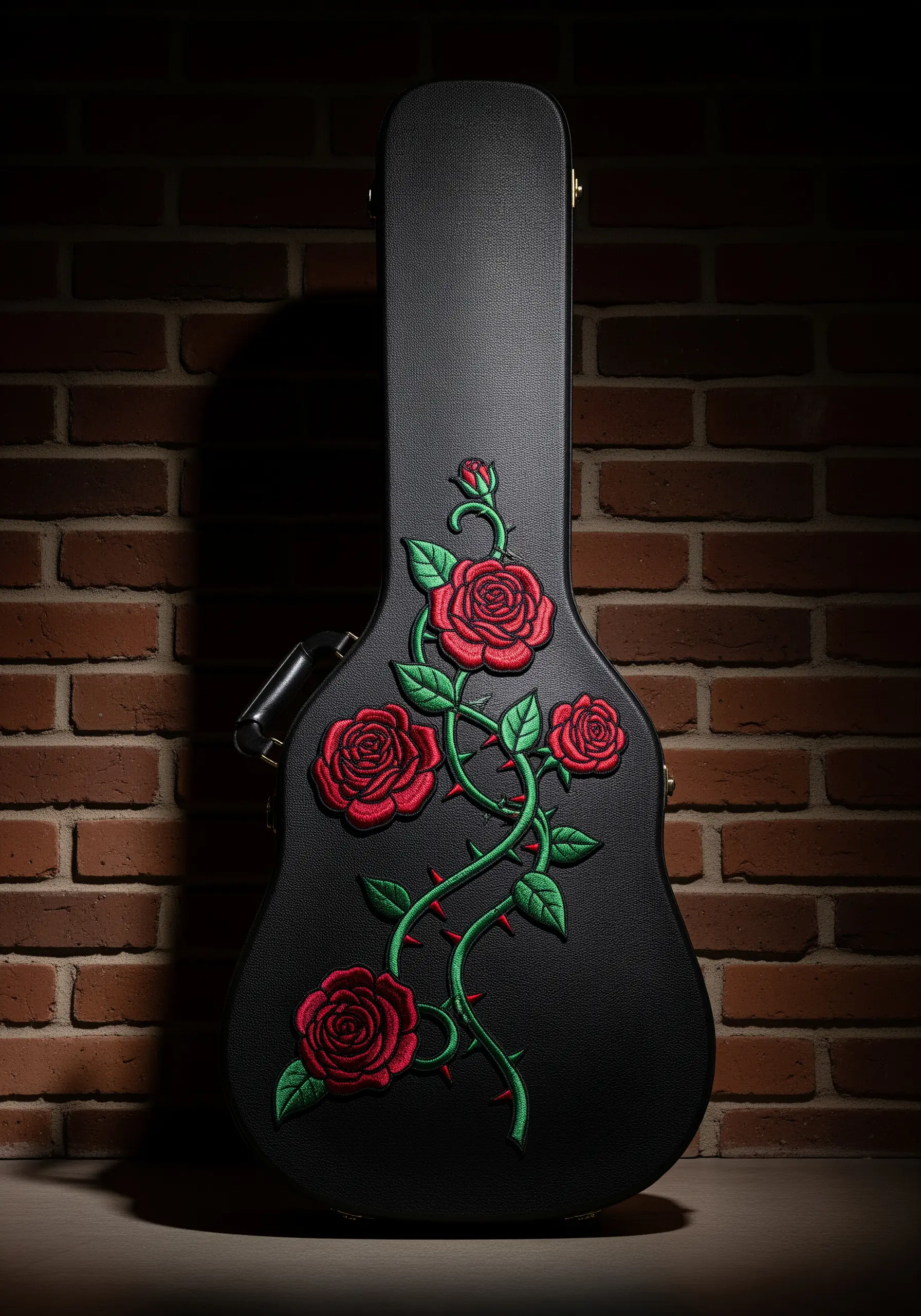 A large embroidered appliqué of climbing red roses on a black guitar case.