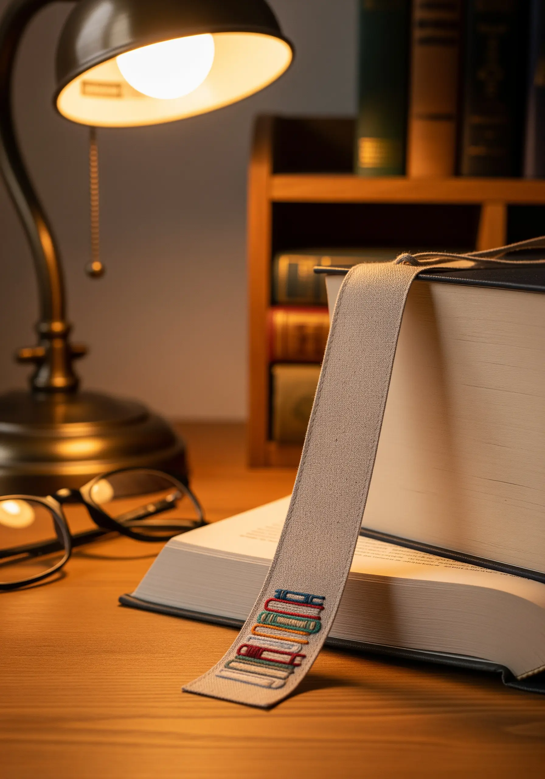 A tiny stack of colorful embroidered books at the bottom of a fabric bookmark