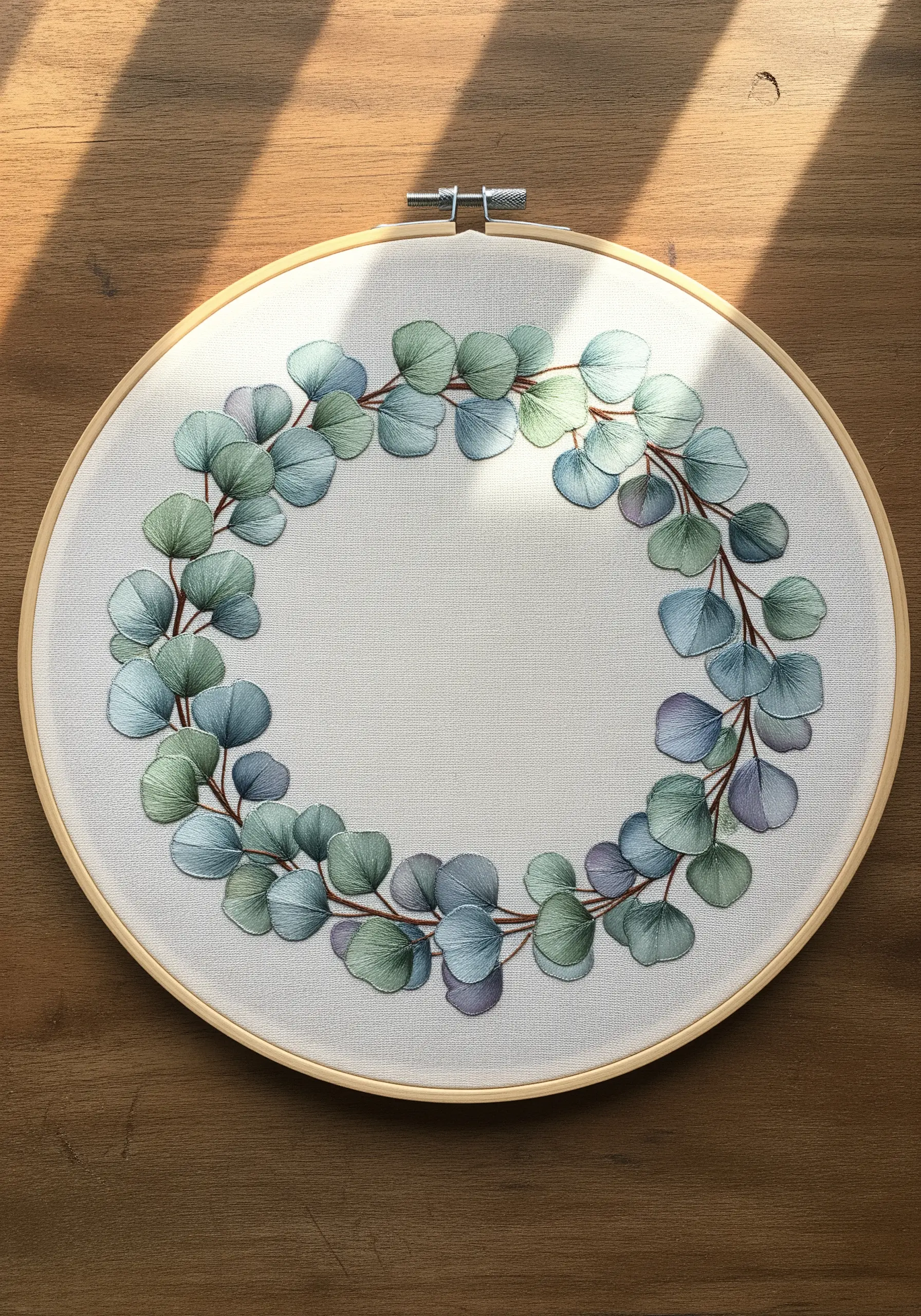 Eucalyptus wreath hoop art with soft, blended blue-green and purple stitches on white fabric.