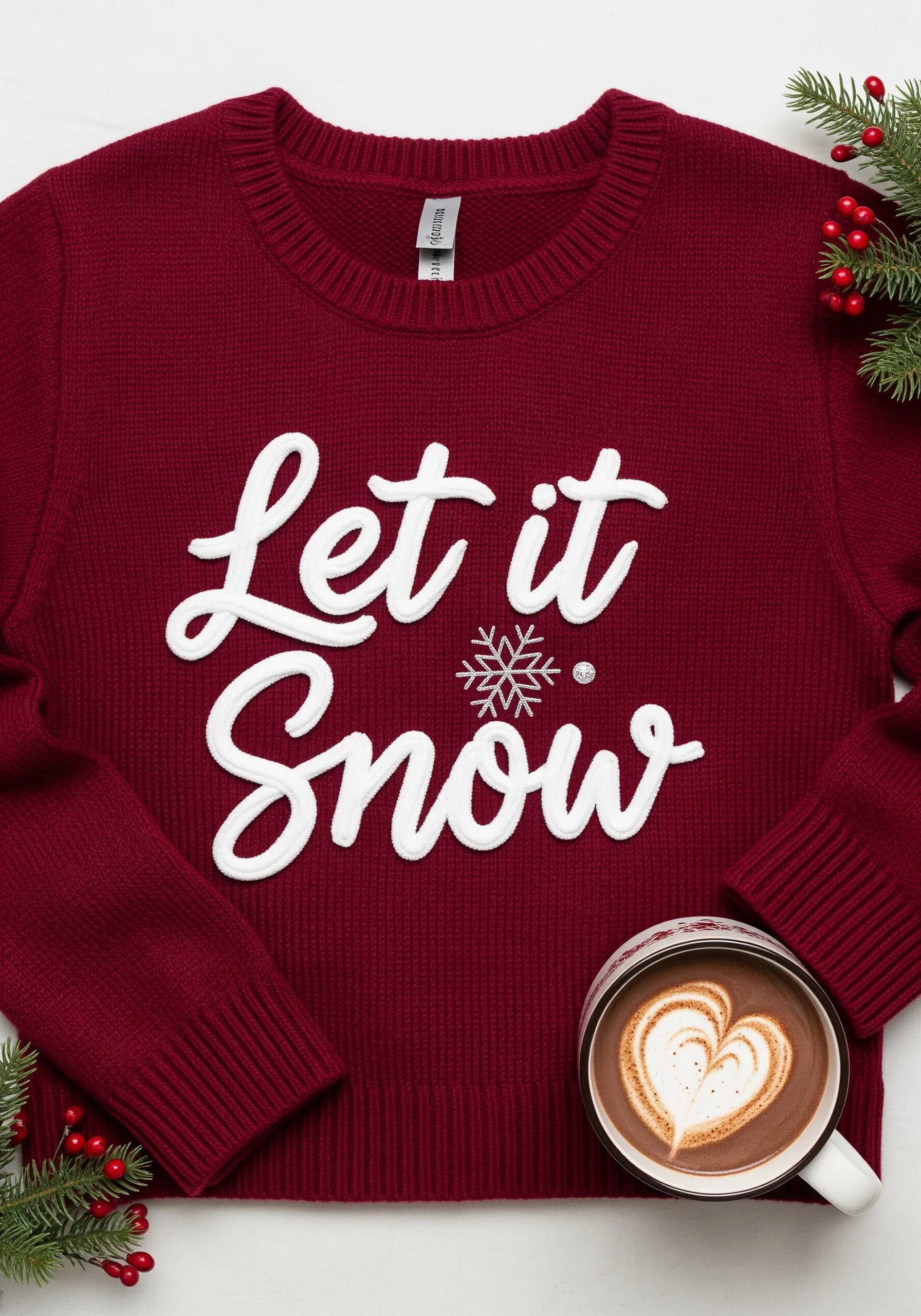 White chenille script embroidery saying 'Let it Snow' on a red sweater.