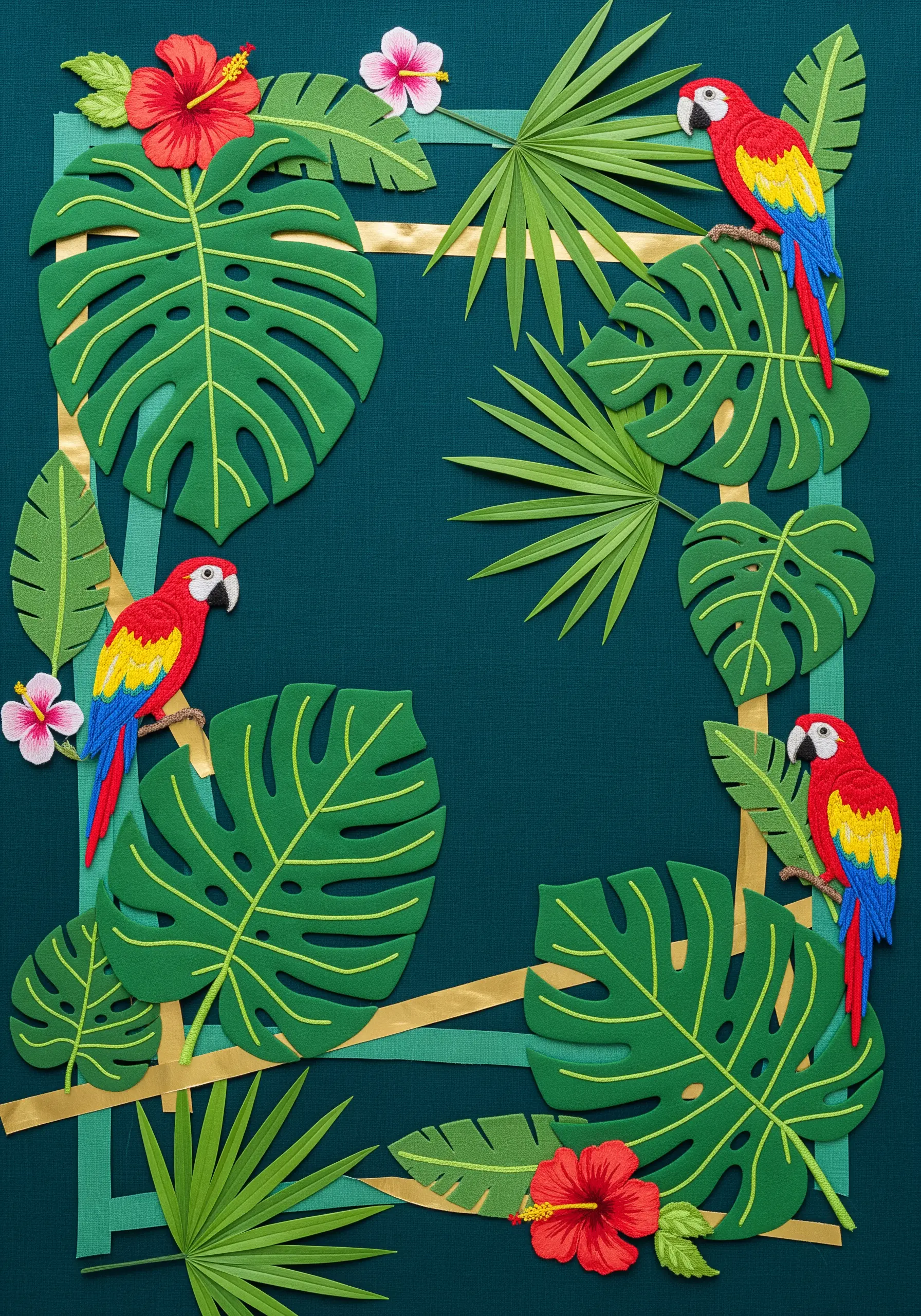 A tropical scene with layered green foam leaves, embroidered parrots, and hibiscus flowers.