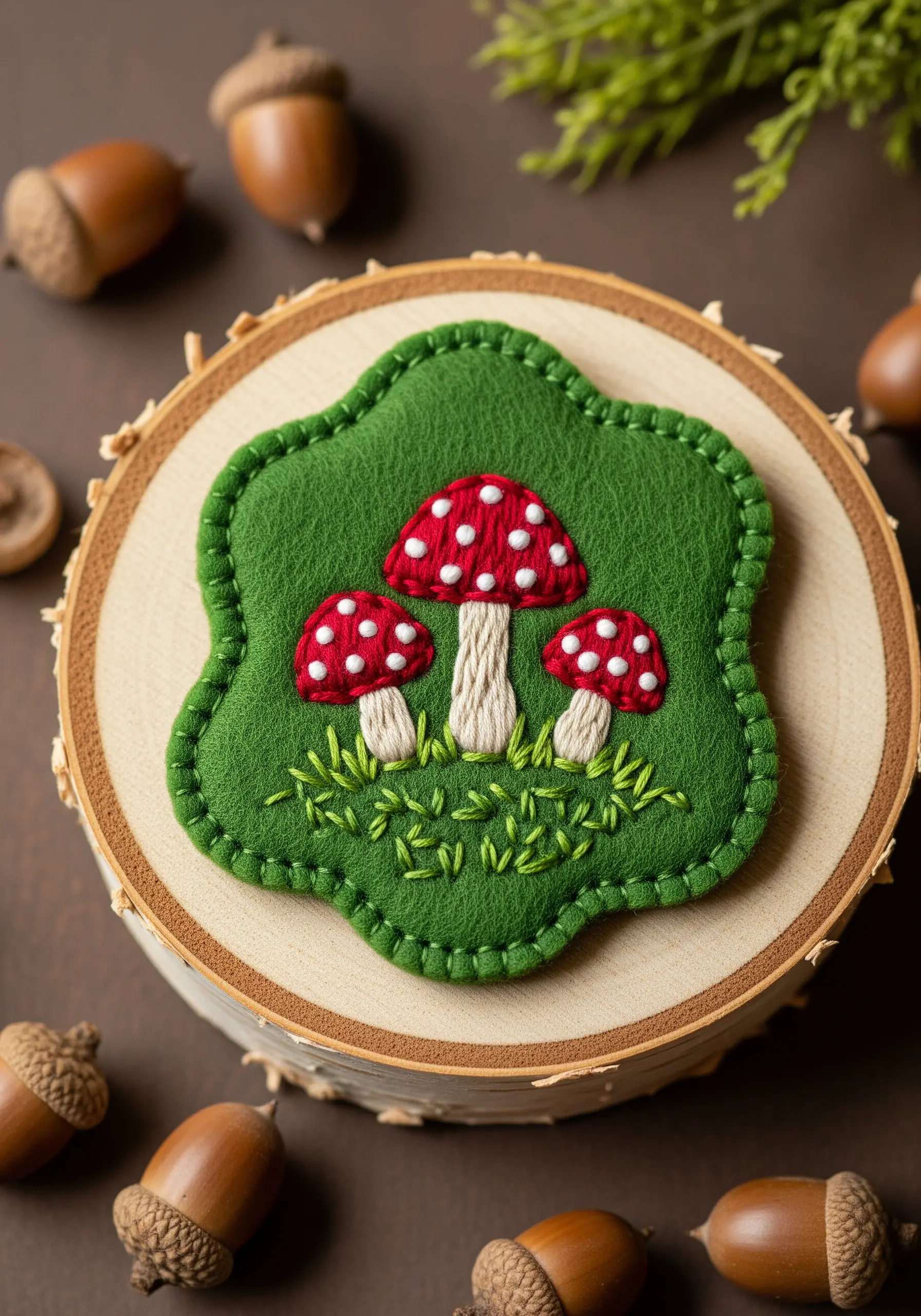 An embroidered appliqué patch of three red-and-white mushrooms on a green felt background.