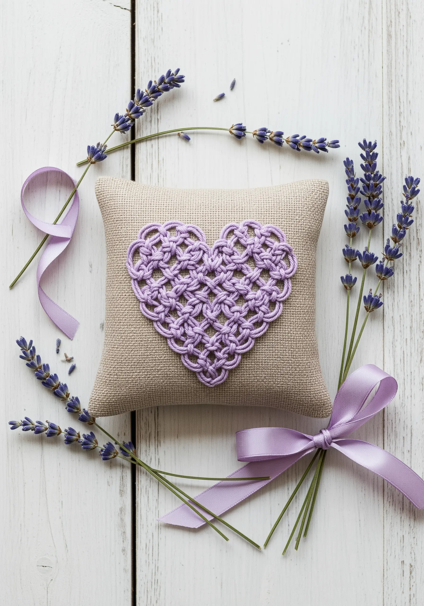 A raised, knotted lavender heart motif on a small cushion, creating a woven texture.