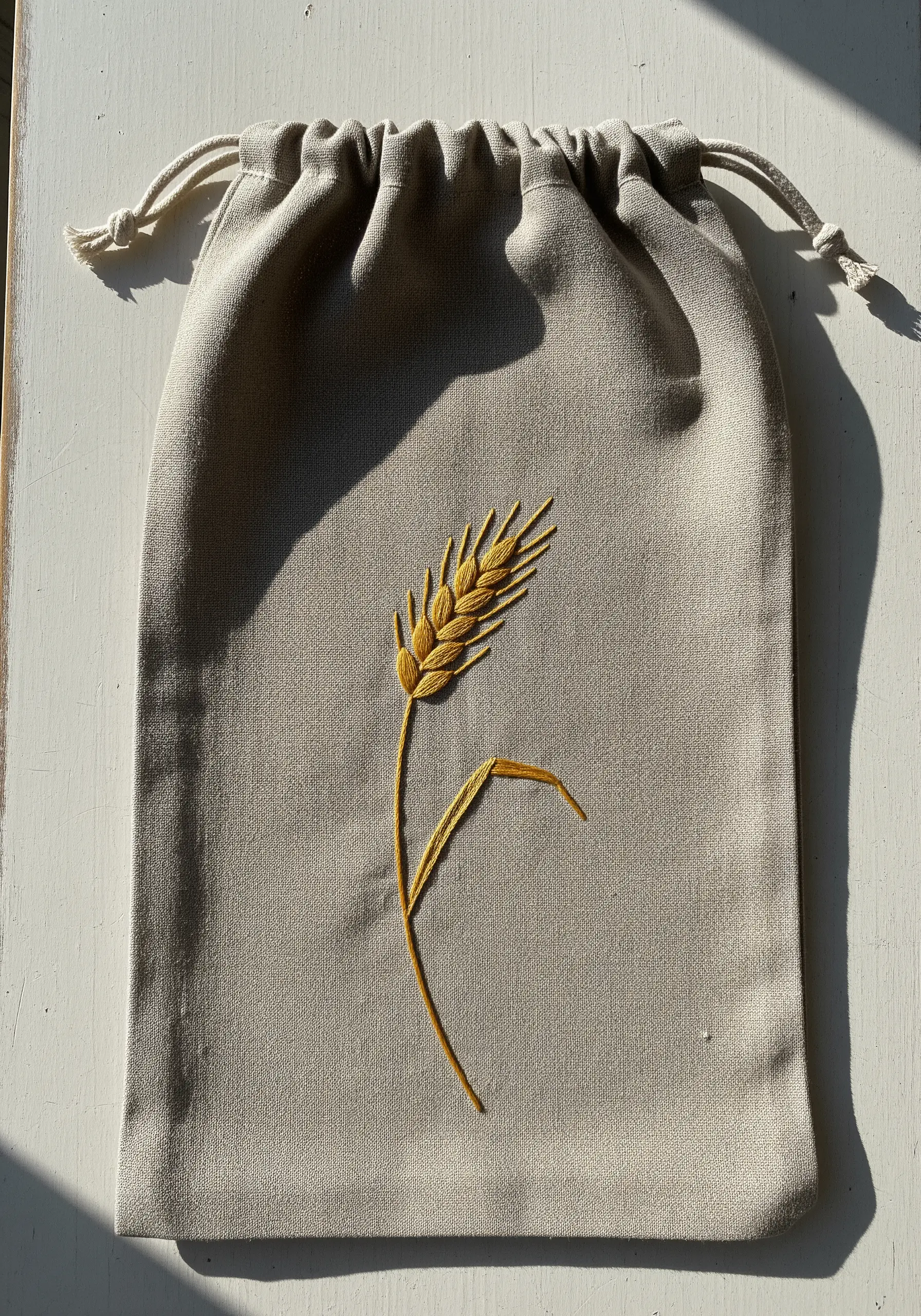 A golden wheat stalk embroidered on a canvas bag using fishbone and stem stitches.