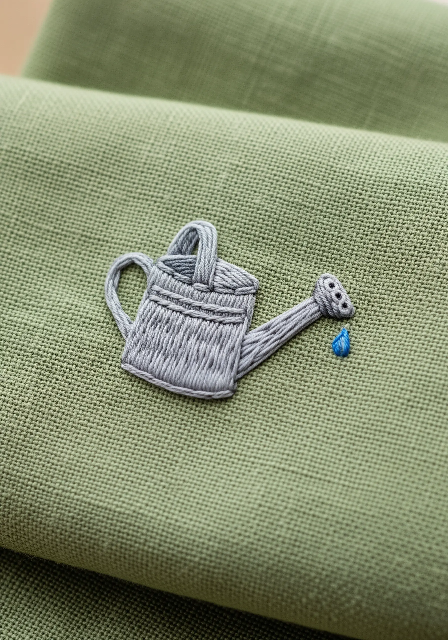 A gray watering can embroidered on green linen, with stitches following the object's contours.