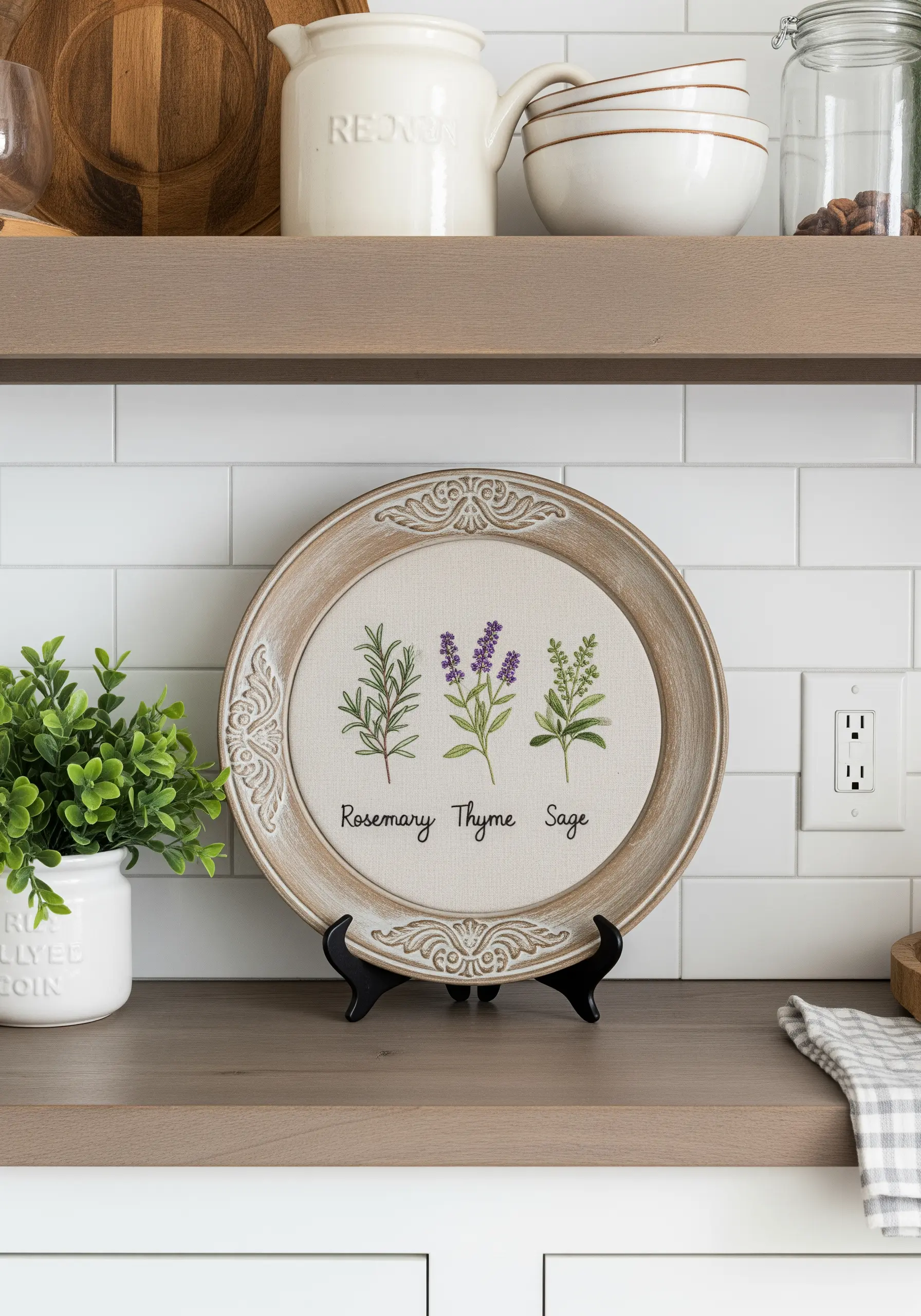 Embroidery of rosemary, thyme, and sage displayed in a round, rustic wooden frame on a kitchen shelf.