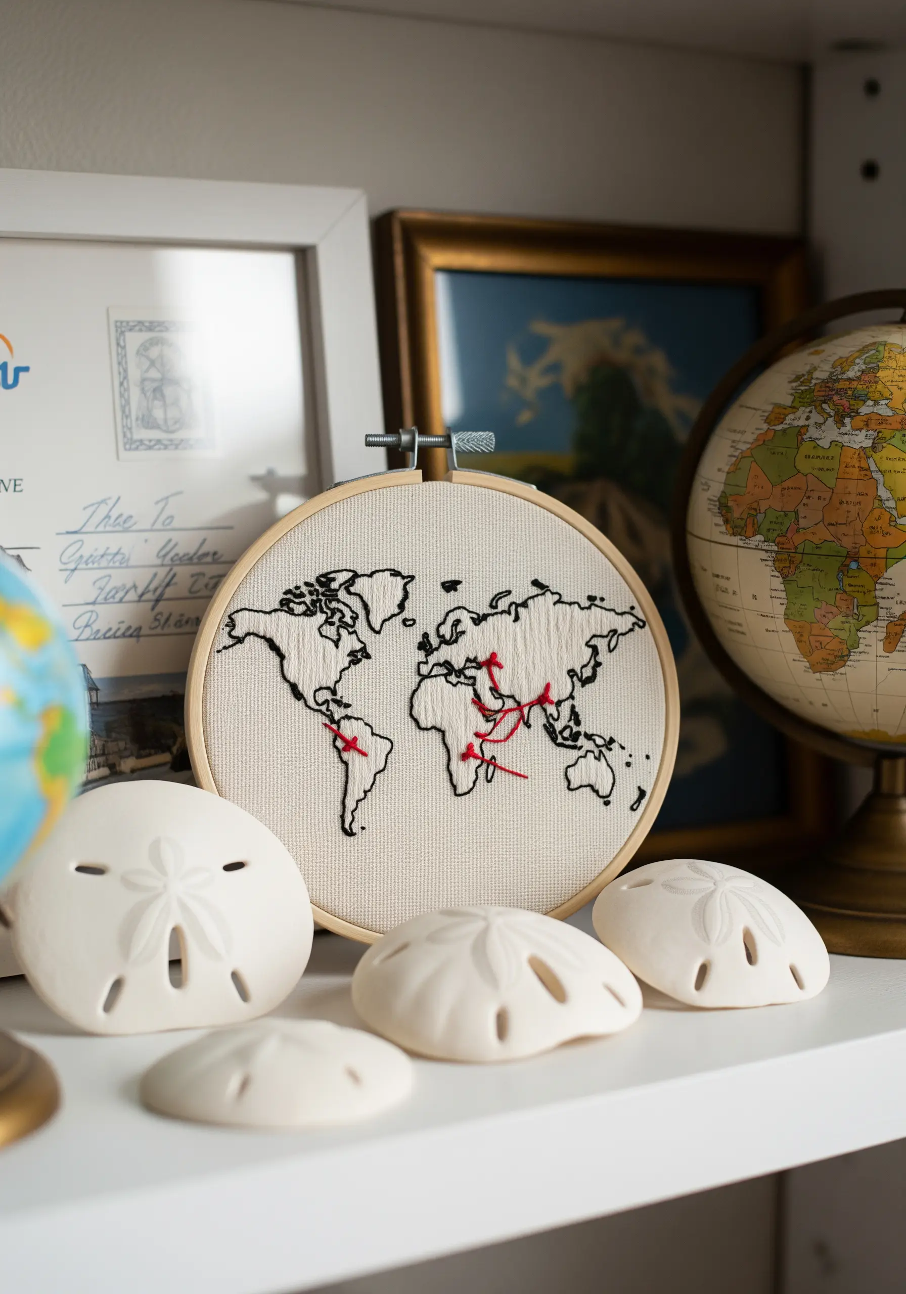 Embroidered world map with red stitched lines tracing travel routes.