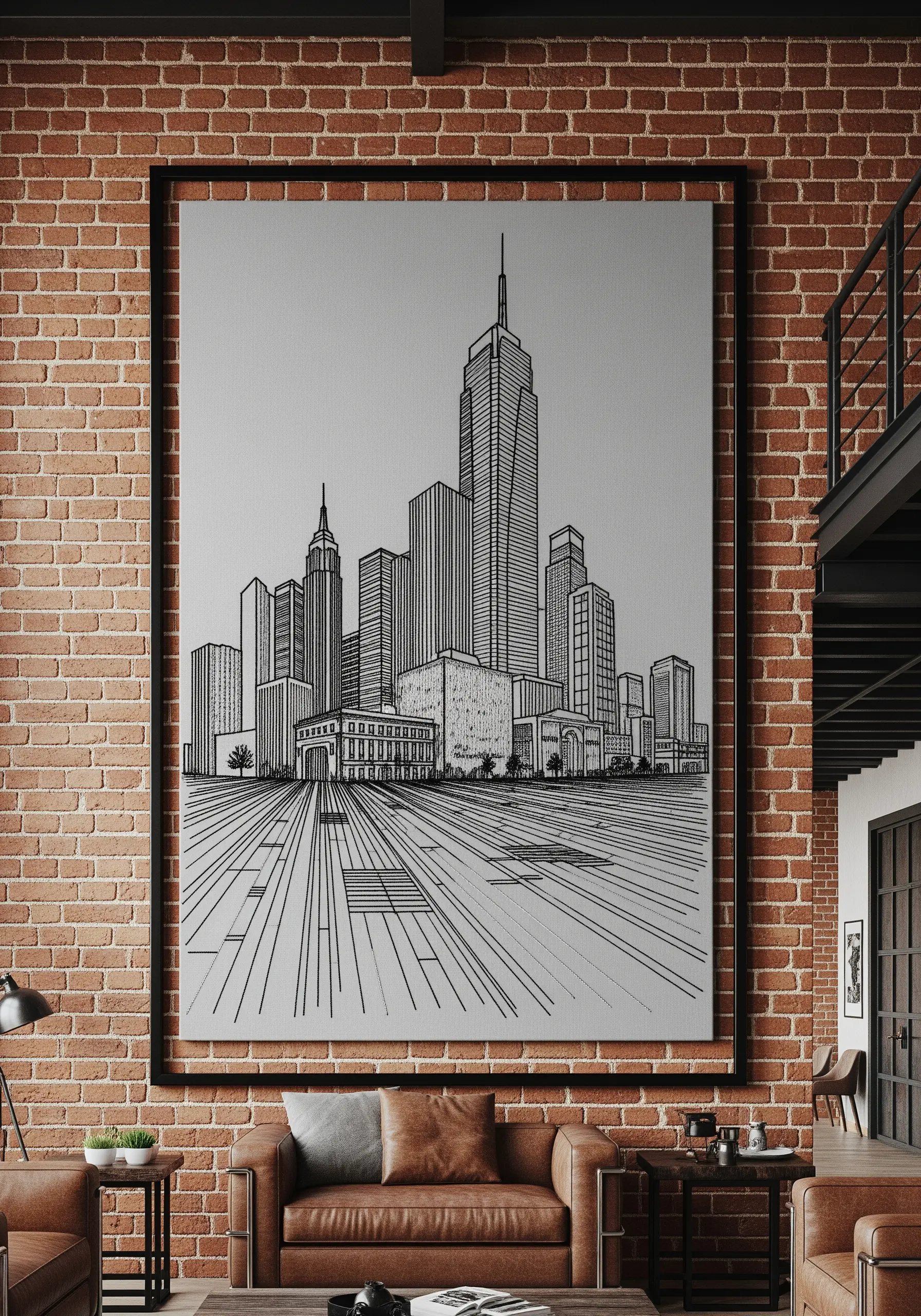 Large-scale architectural line art embroidery of a city skyline in a modern living room.