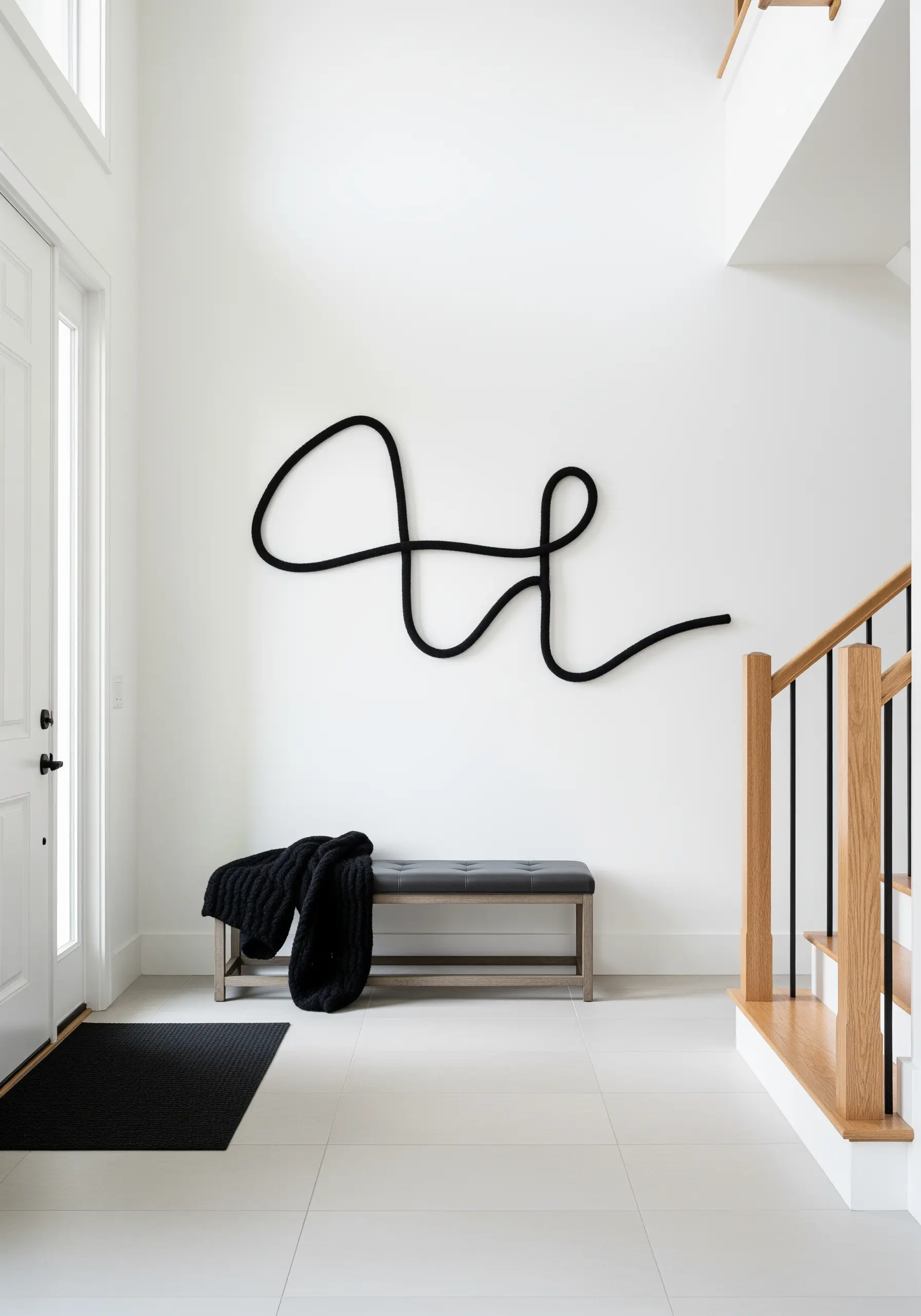 A single piece of thick black rope forms a minimalist, abstract line drawing on a white wall.