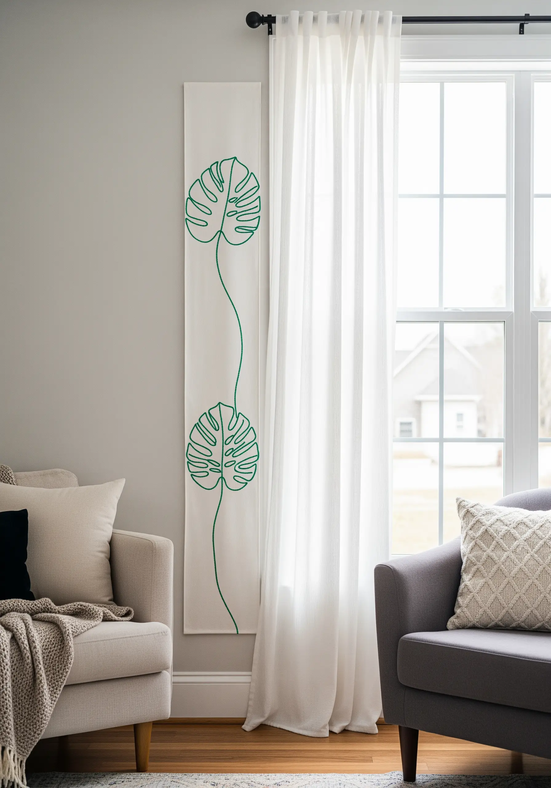 A long vertical wall hanging embroidered with two green monstera leaves in a continuous line.