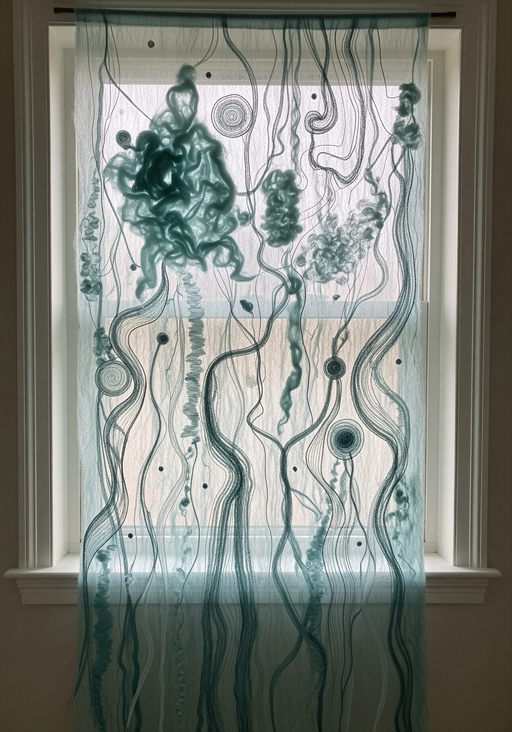 Free-motion thread drawing and felting on a sheer curtain panel depicting abstract swirls.