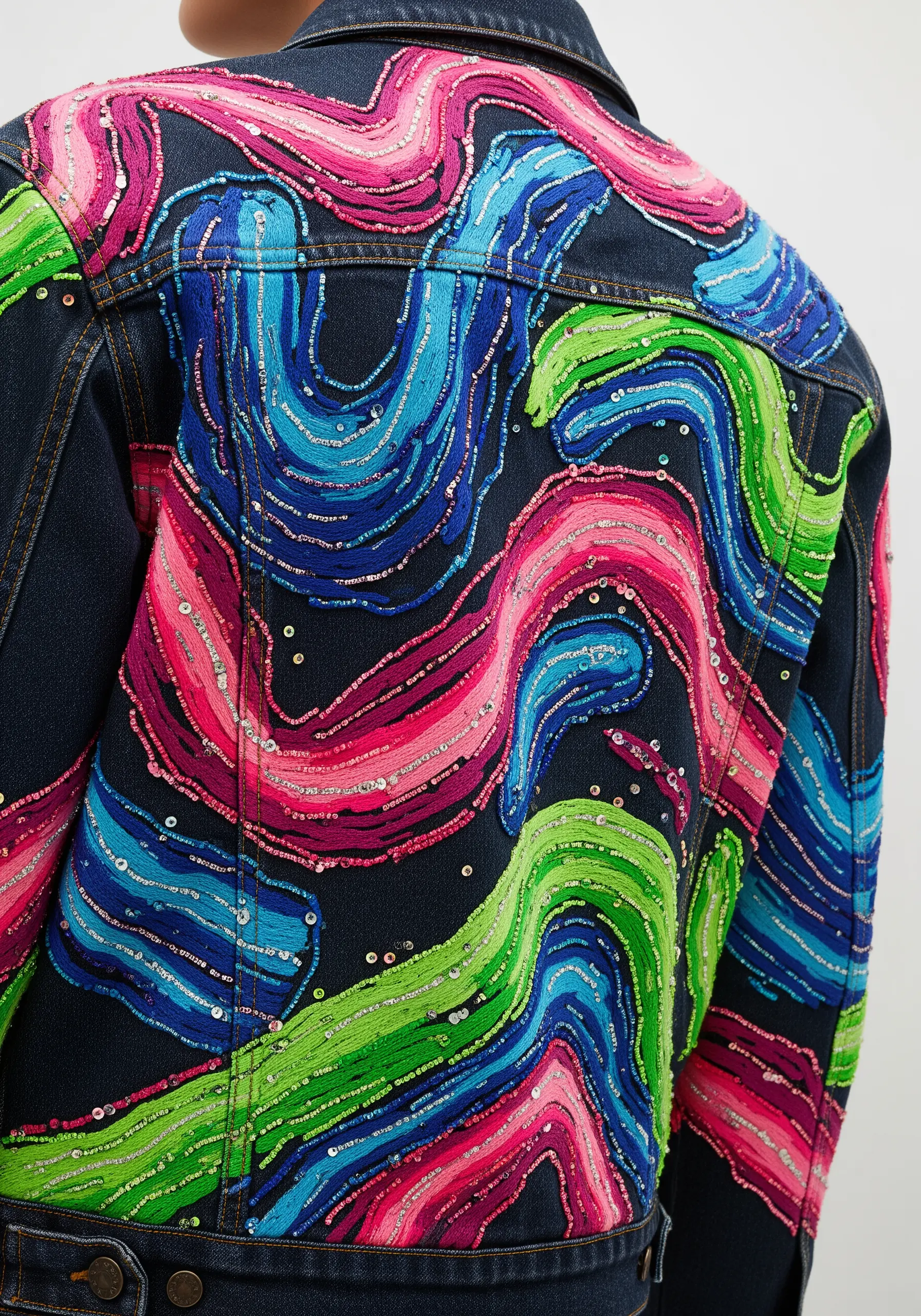 Vibrant pink, blue, and green embroidered waves with sequin outlines on a denim jacket.