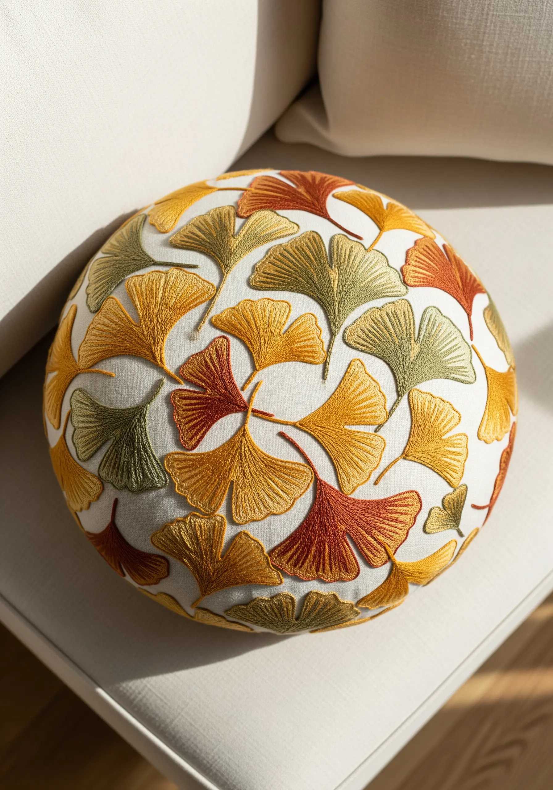 Round pillow covered in embroidered ginkgo leaves in autumn colors.