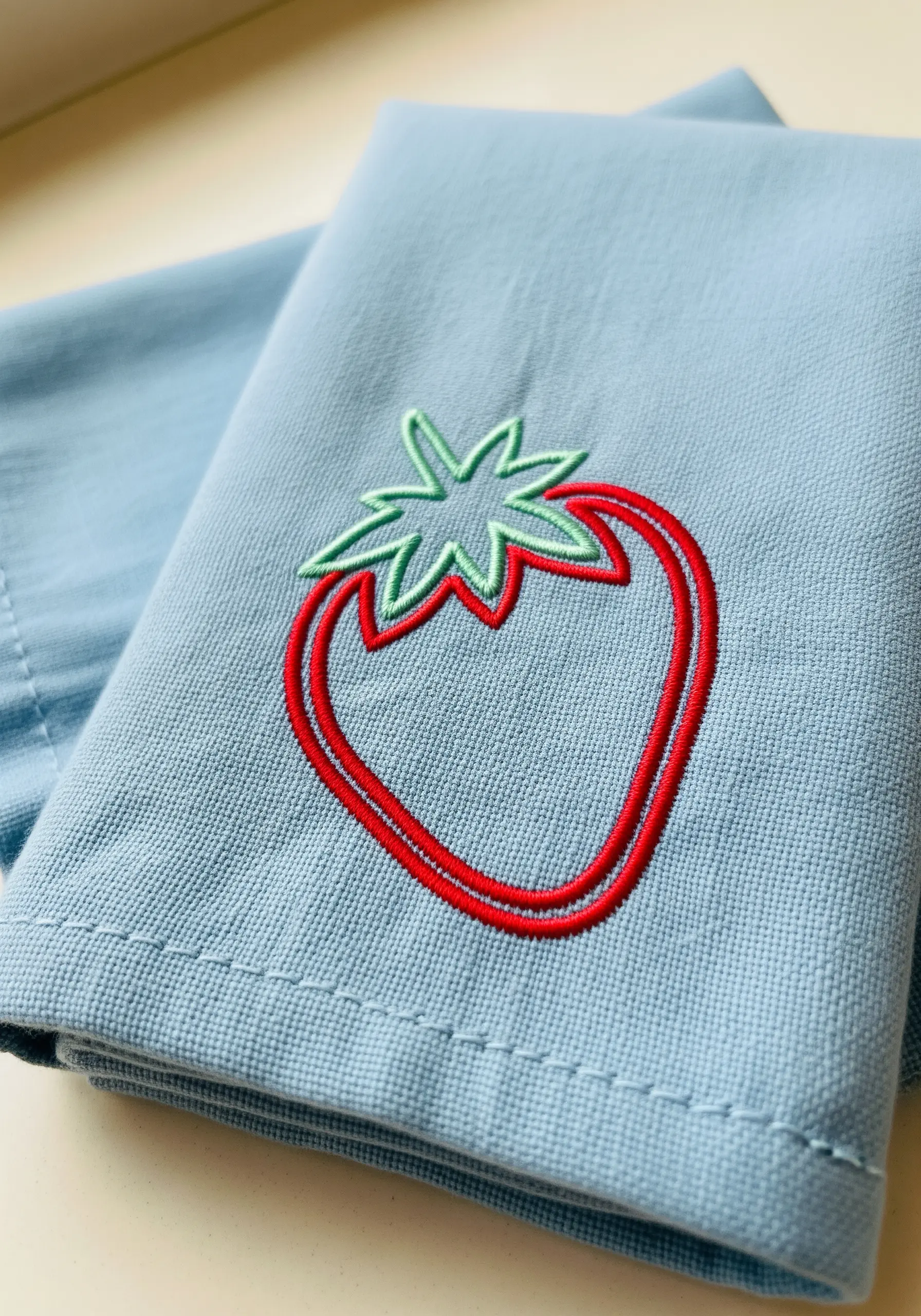 Red and green outline embroidery of a strawberry on a light blue napkin.