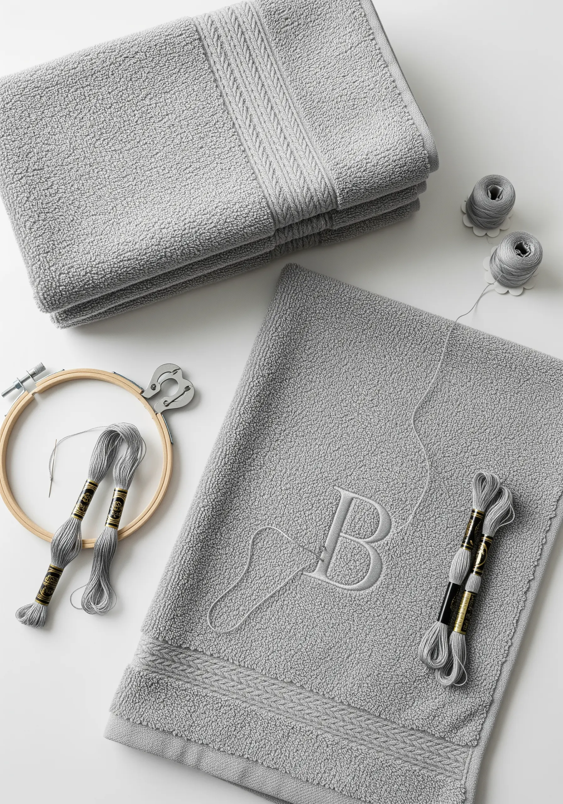 A grey satin-stitched monogram 'B' on a folded grey terrycloth towel.