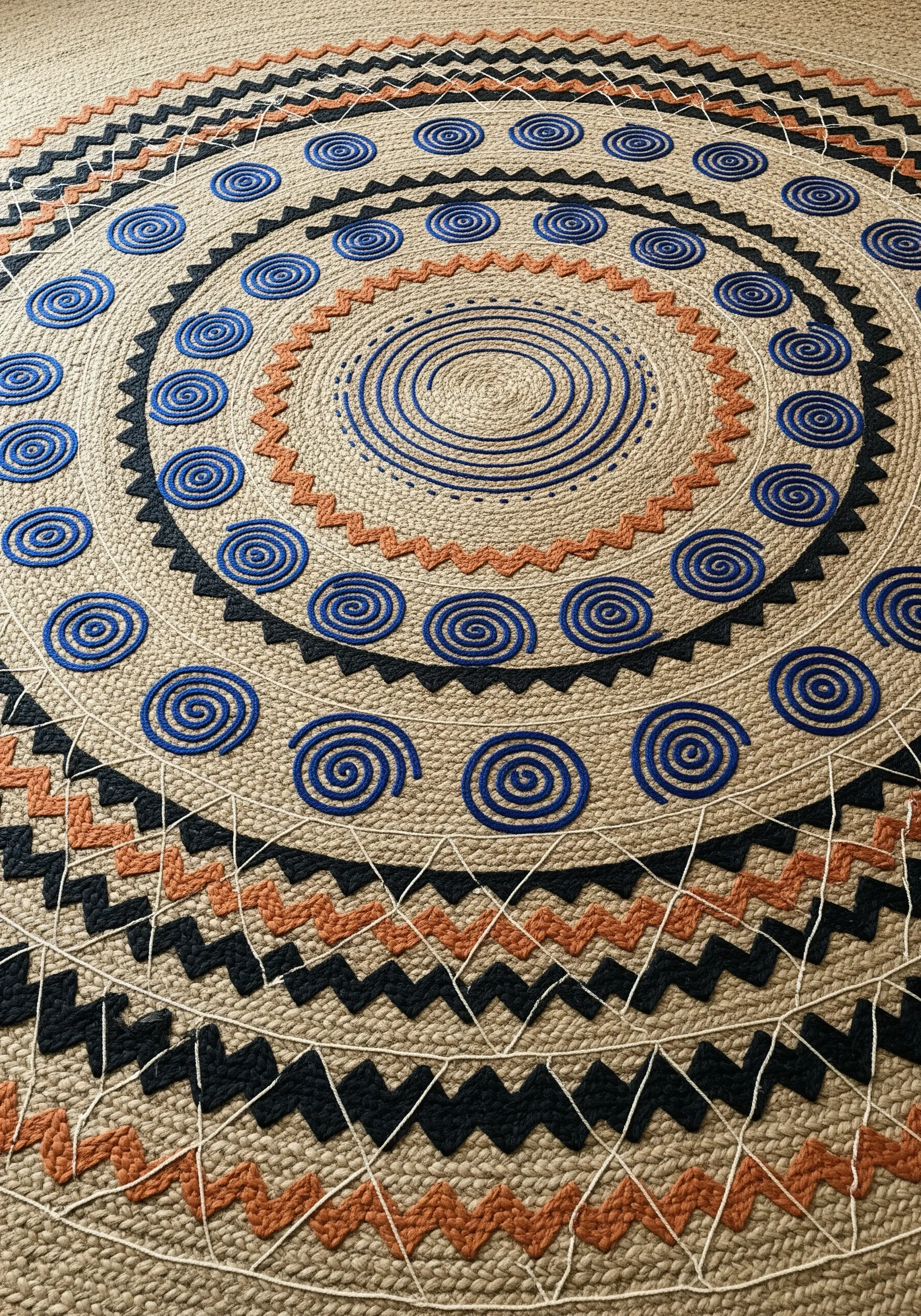 Close-up of a round jute rug embroidered with concentric rings of blue, black, and orange patterns.