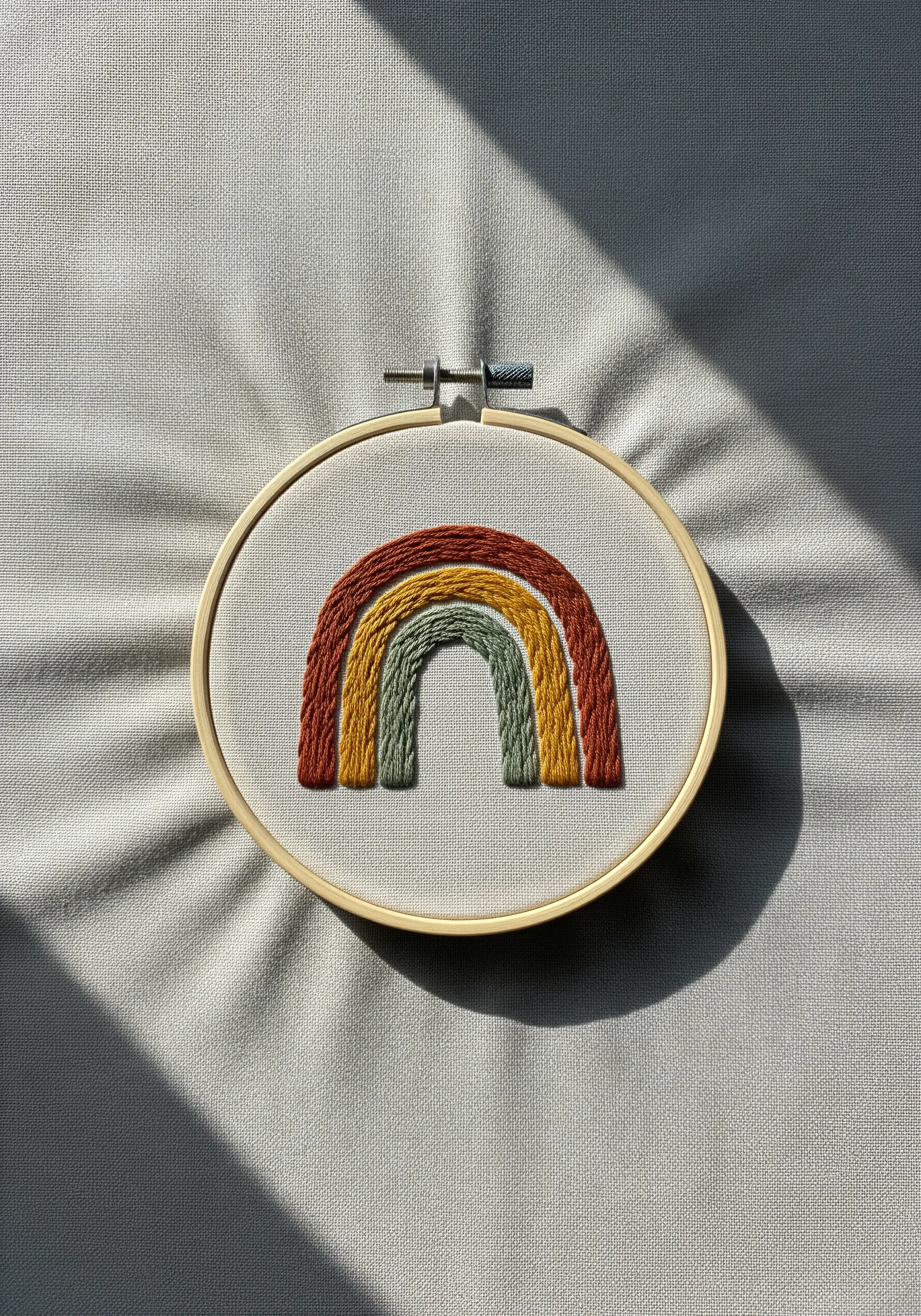 Textured rainbow embroidered with earthy red, gold, and green chain stitches.