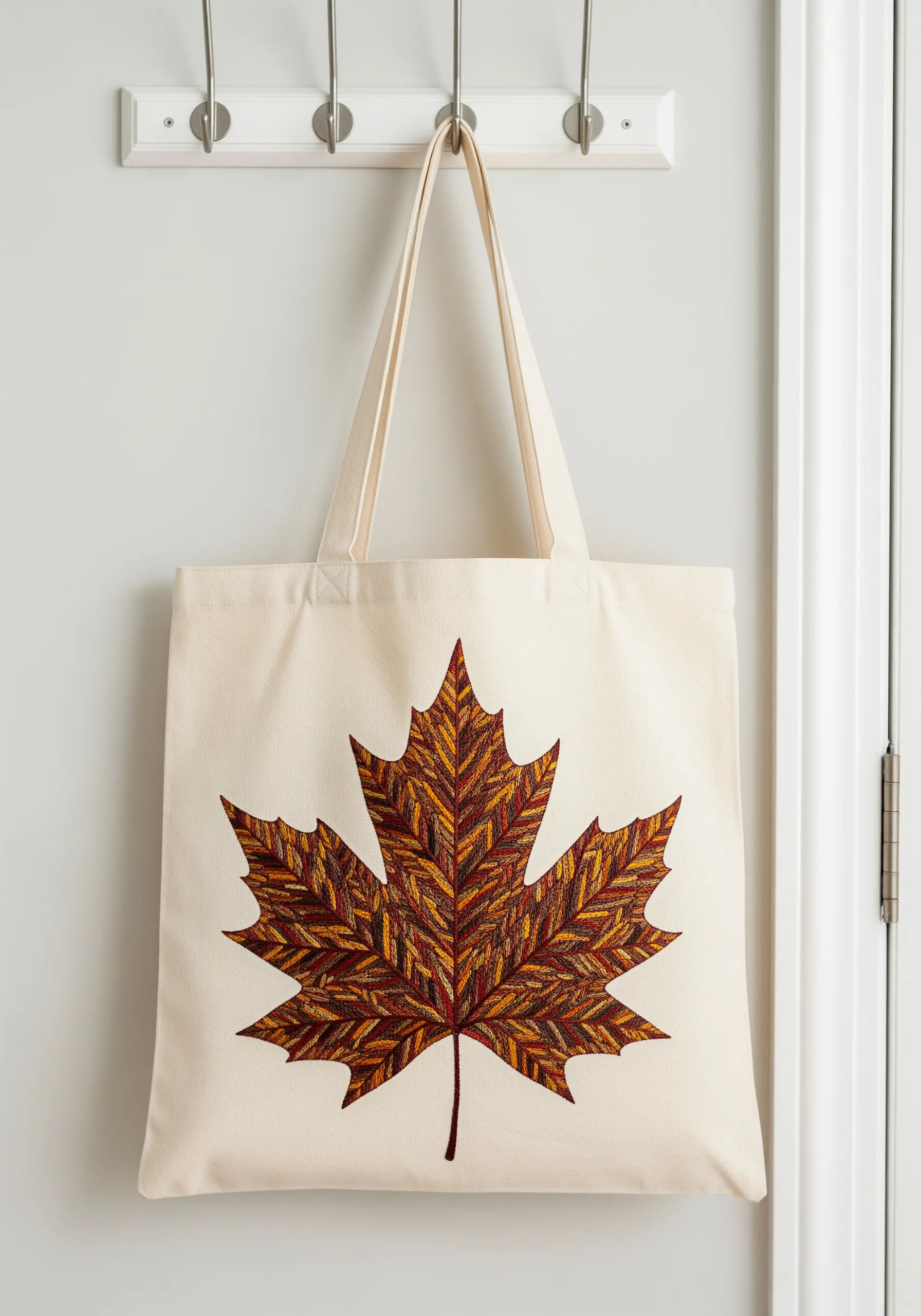 Canvas tote bag with a large, intricately textured embroidered maple leaf