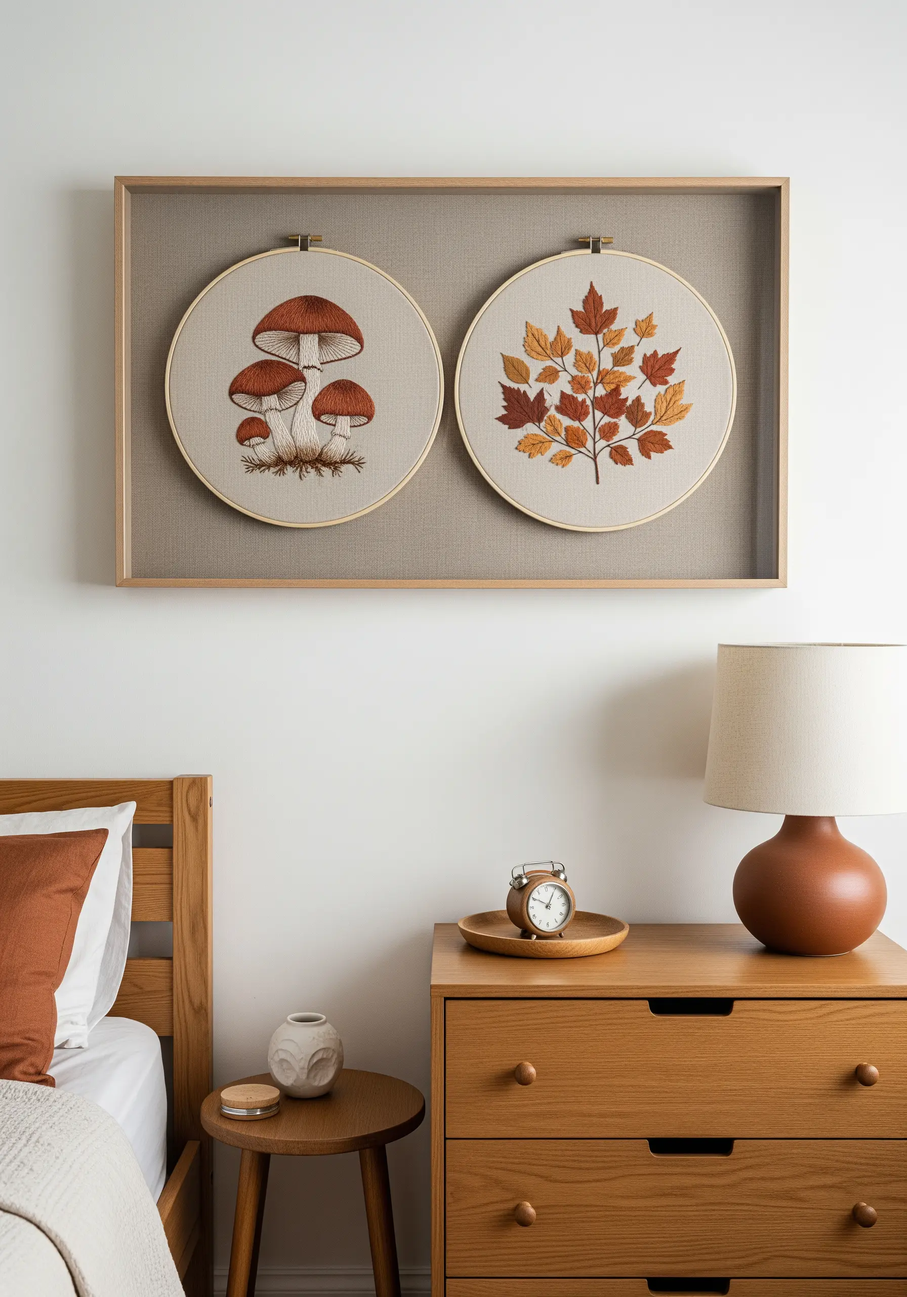 Two finished embroidery hoops with autumn motifs displayed inside a single rectangular shadow box.