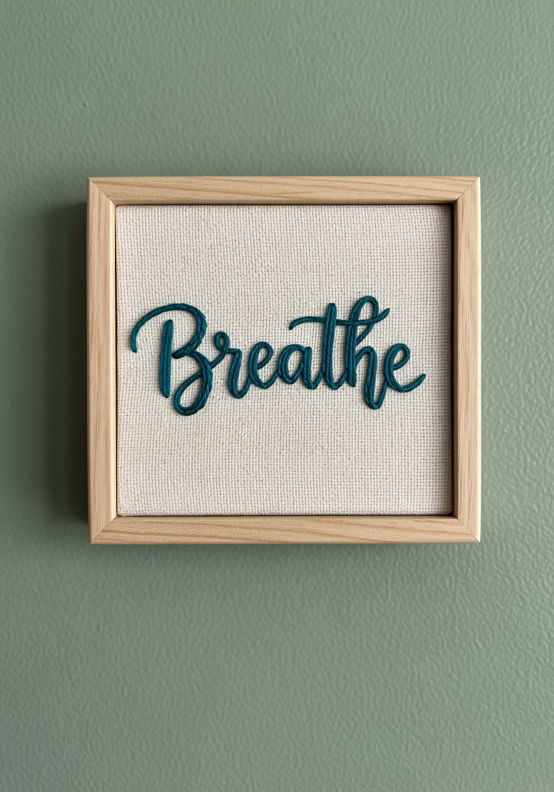 The word 'Breathe' embroidered in teal raised stem stitch on neutral fabric.
