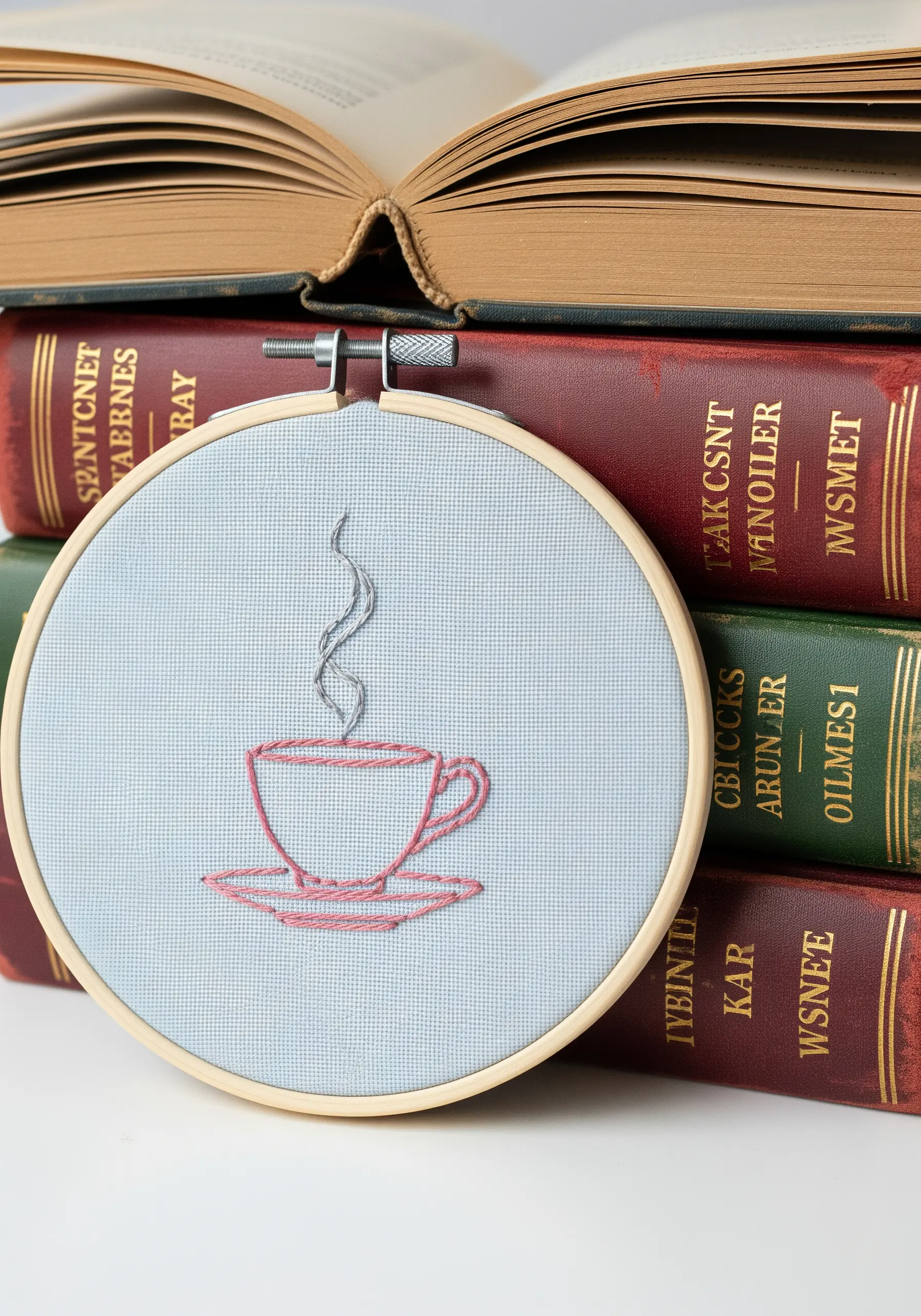 Minimalist line art embroidery of a pink teacup with gray steam on blue fabric.