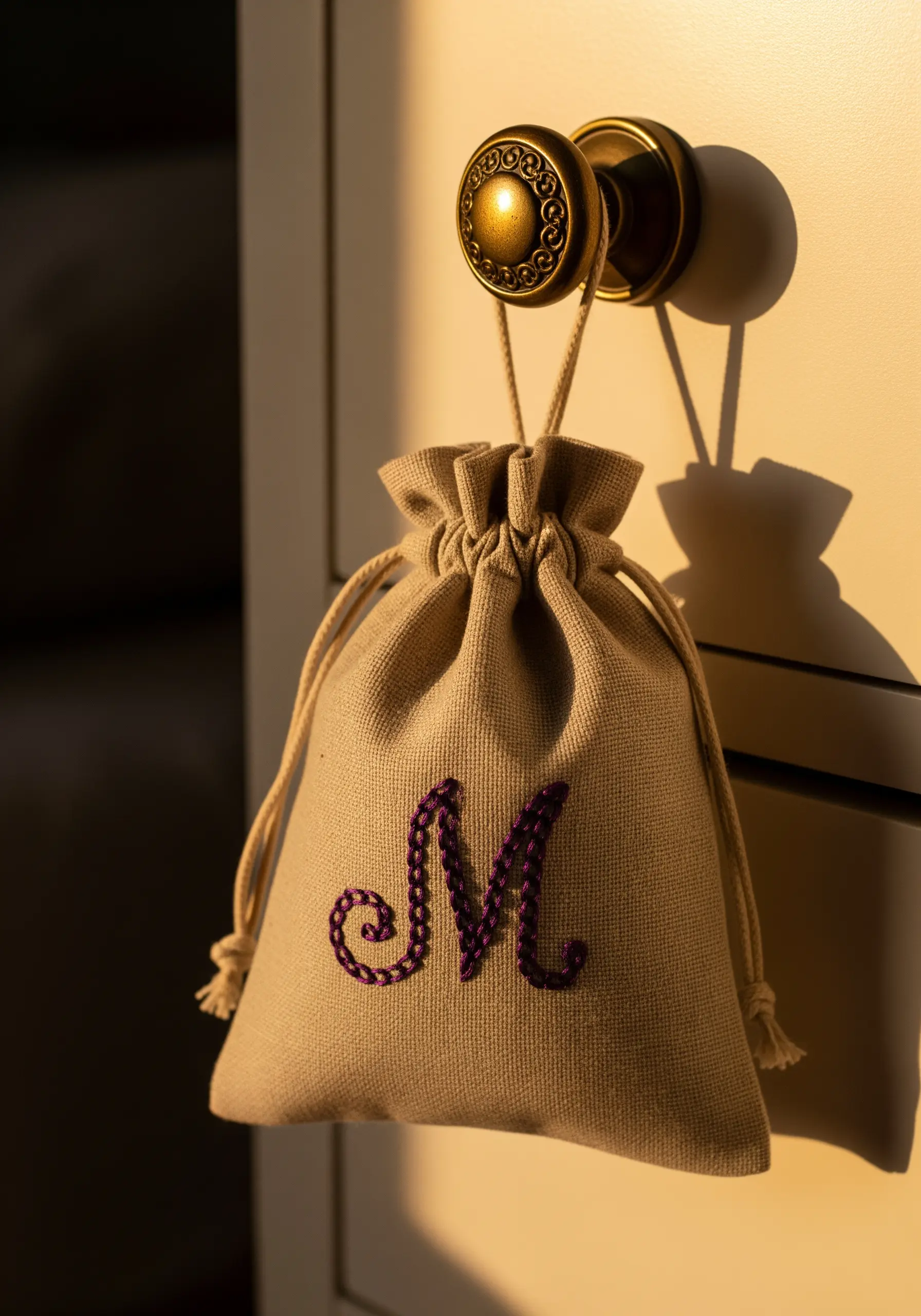 A textured 'M' monogram embroidered in purple chain stitch on a linen pouch.
