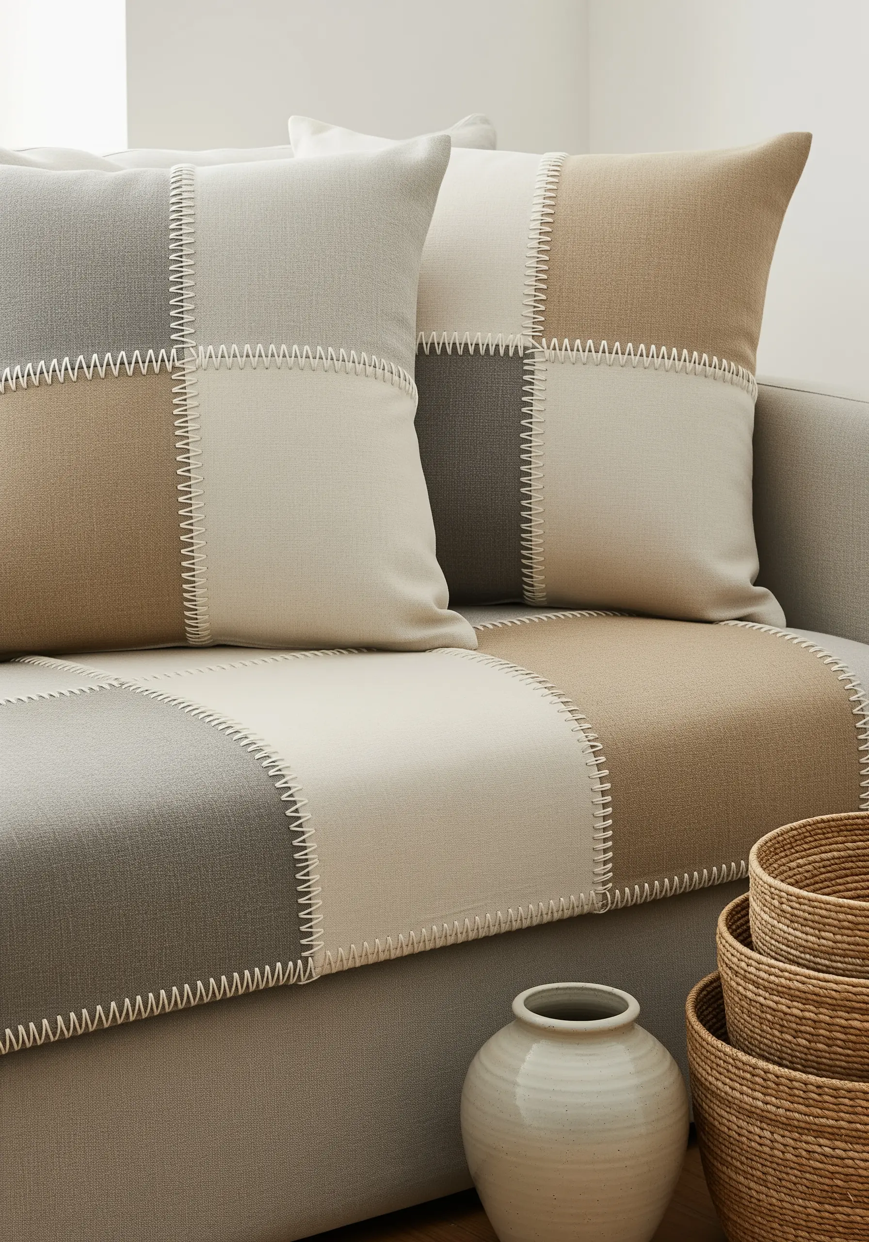 Patchwork cushions in neutral tones joined with a decorative white blanket stitch