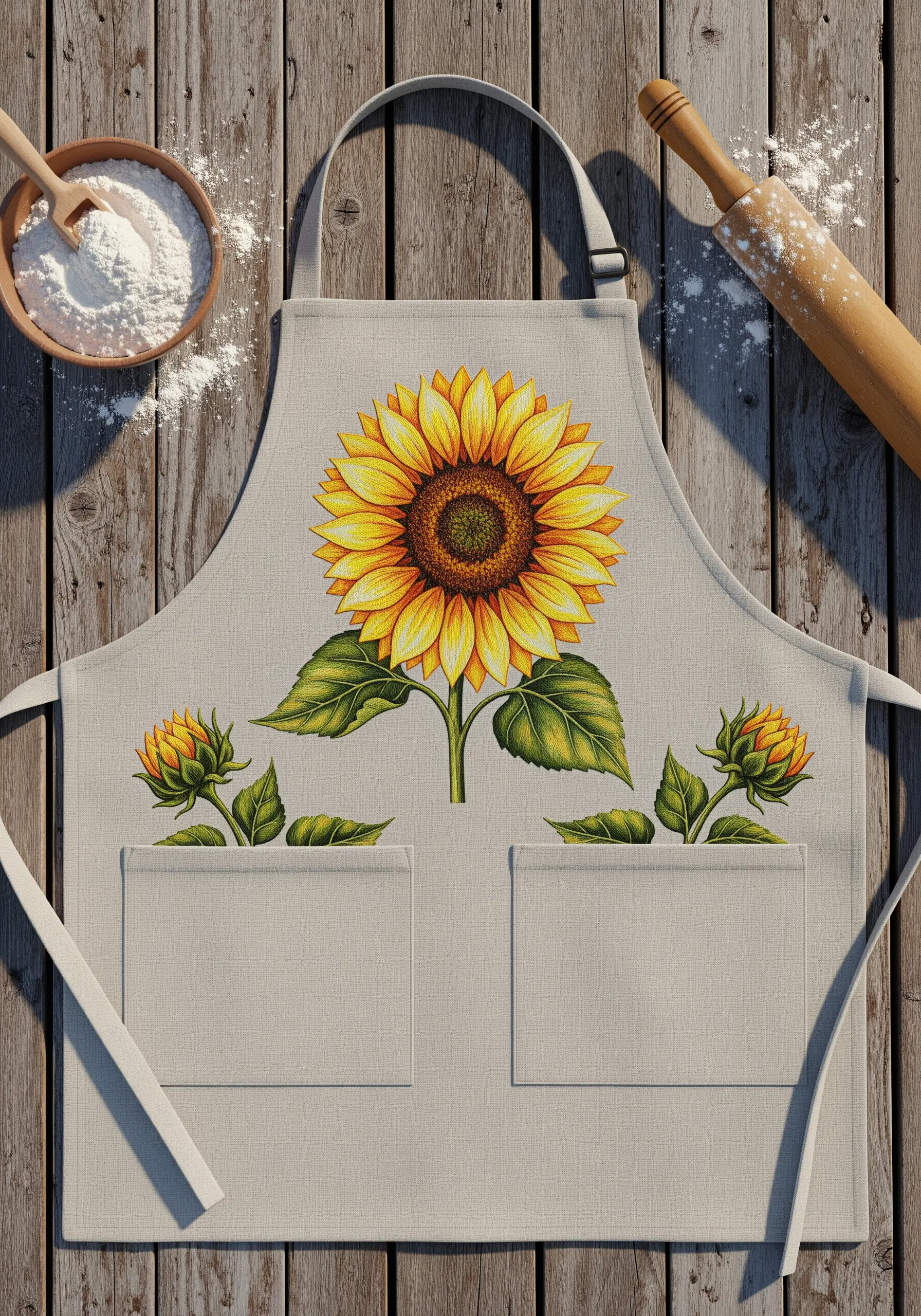 A sunflower-printed apron with potential for embroidered highlights on the petals and center.