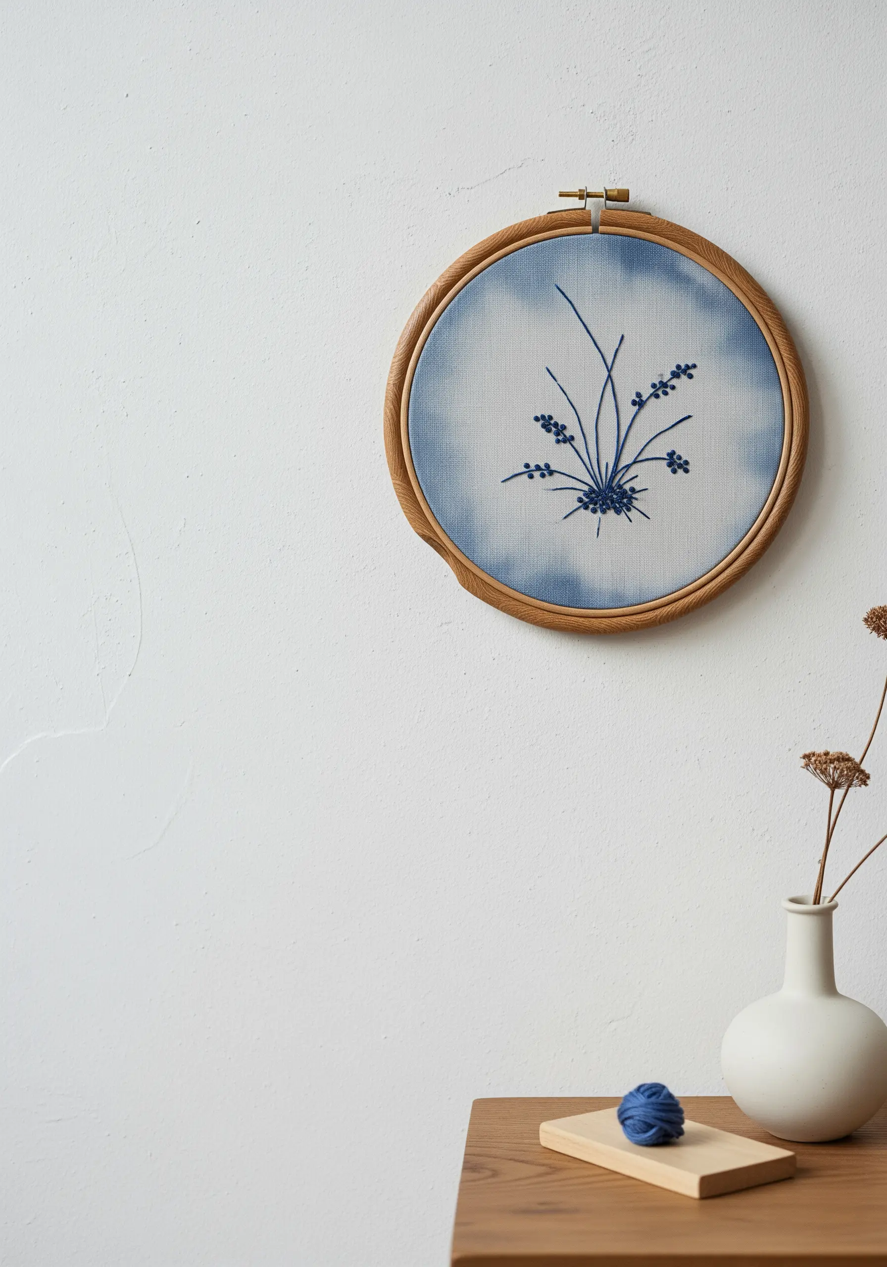 A simple botanical sprig stitched in dark blue on a variegated indigo-dyed fabric