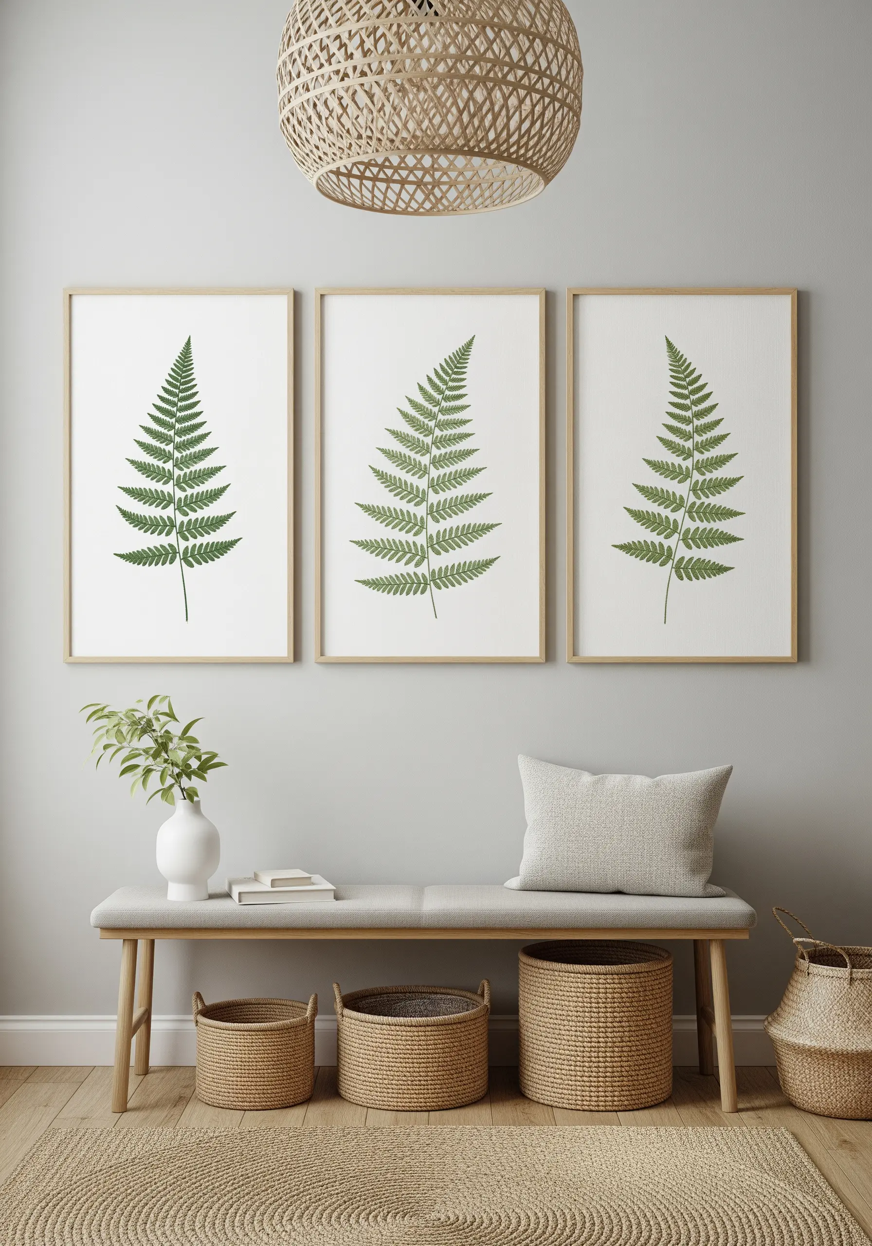 A triptych of three framed embroideries, each featuring a single green fern leaf.